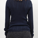 Back of Transparent Block Knit Blouse in Navy