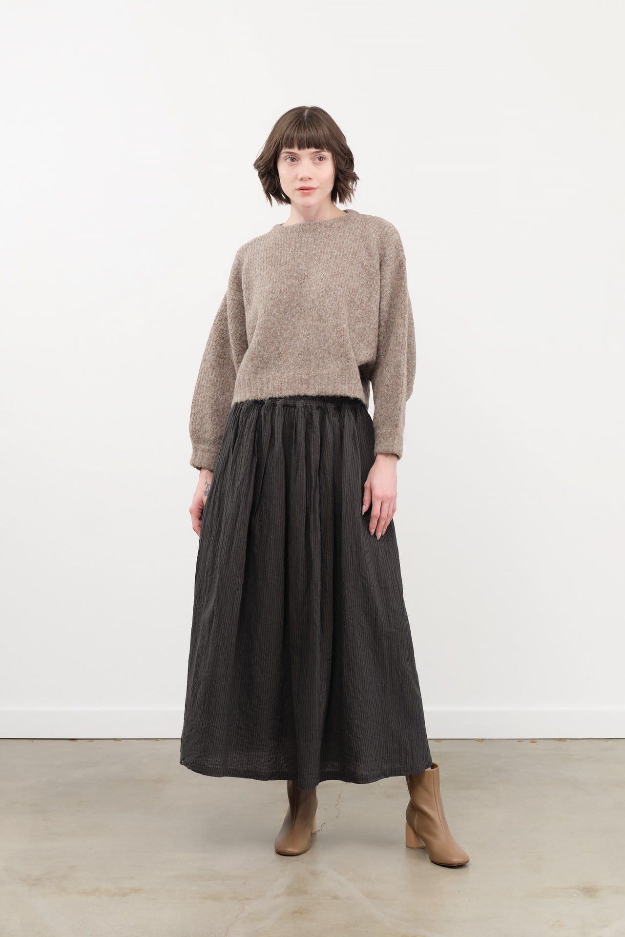 Ichi Antiquities Apparel Womens Skirts Linen Cotton Stripe Skirt Charcoal / One Size