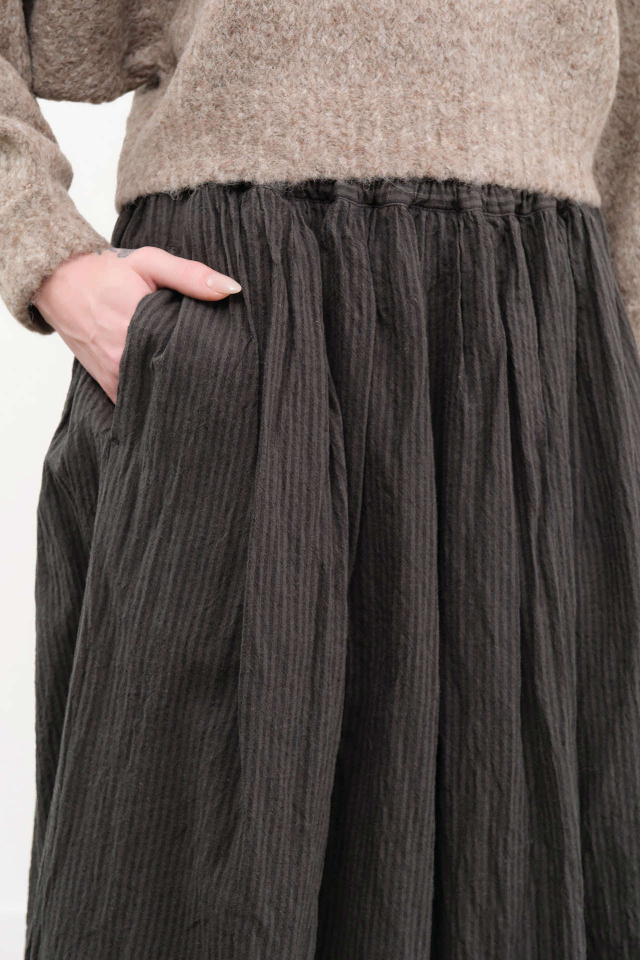 Ichi Antiquities Apparel Womens Skirts Linen Cotton Stripe Skirt Charcoal / One Size