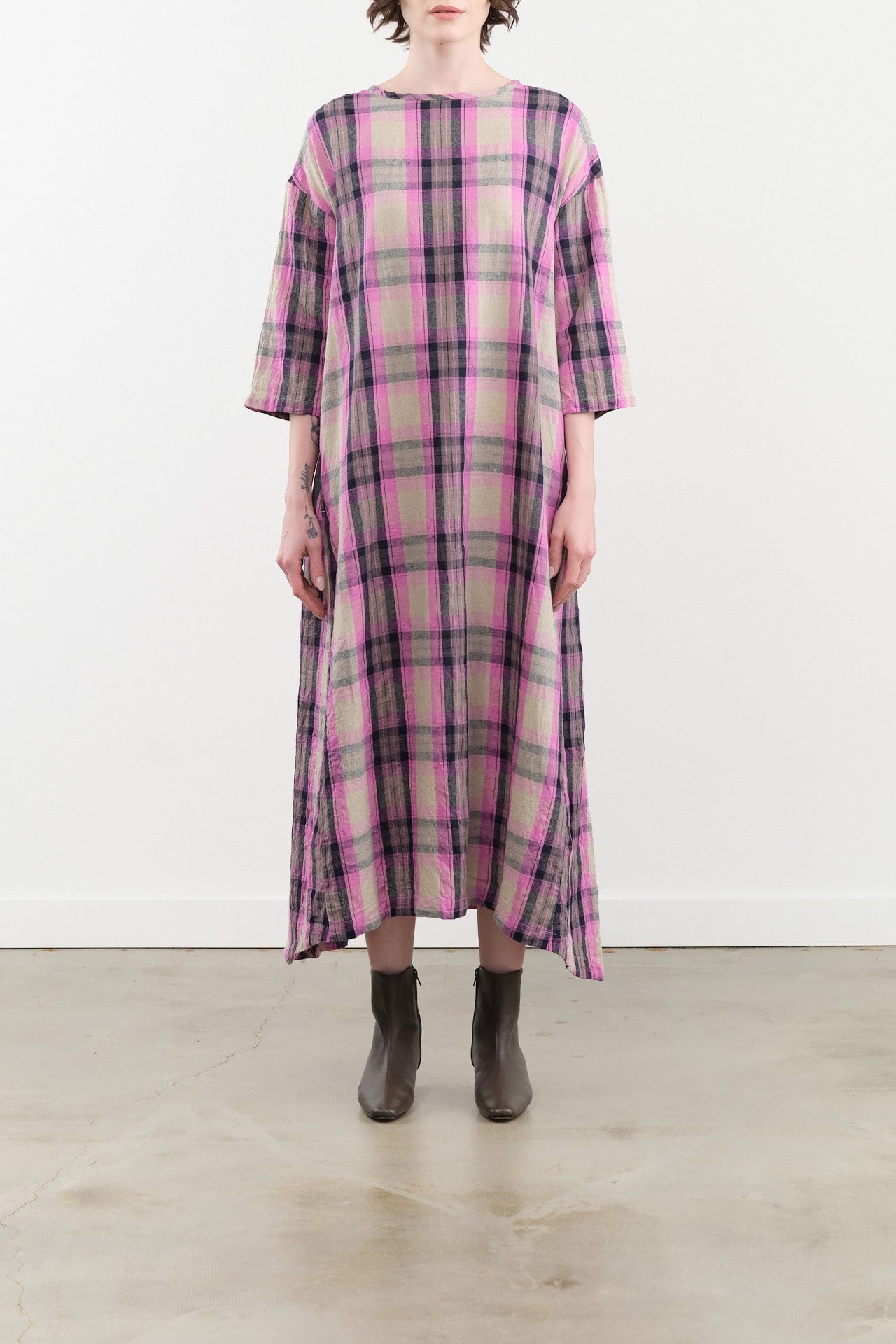 Ichi Antiquities Apparel Womens Dresses Linen Cotton Tartan Dress Pink / One Size