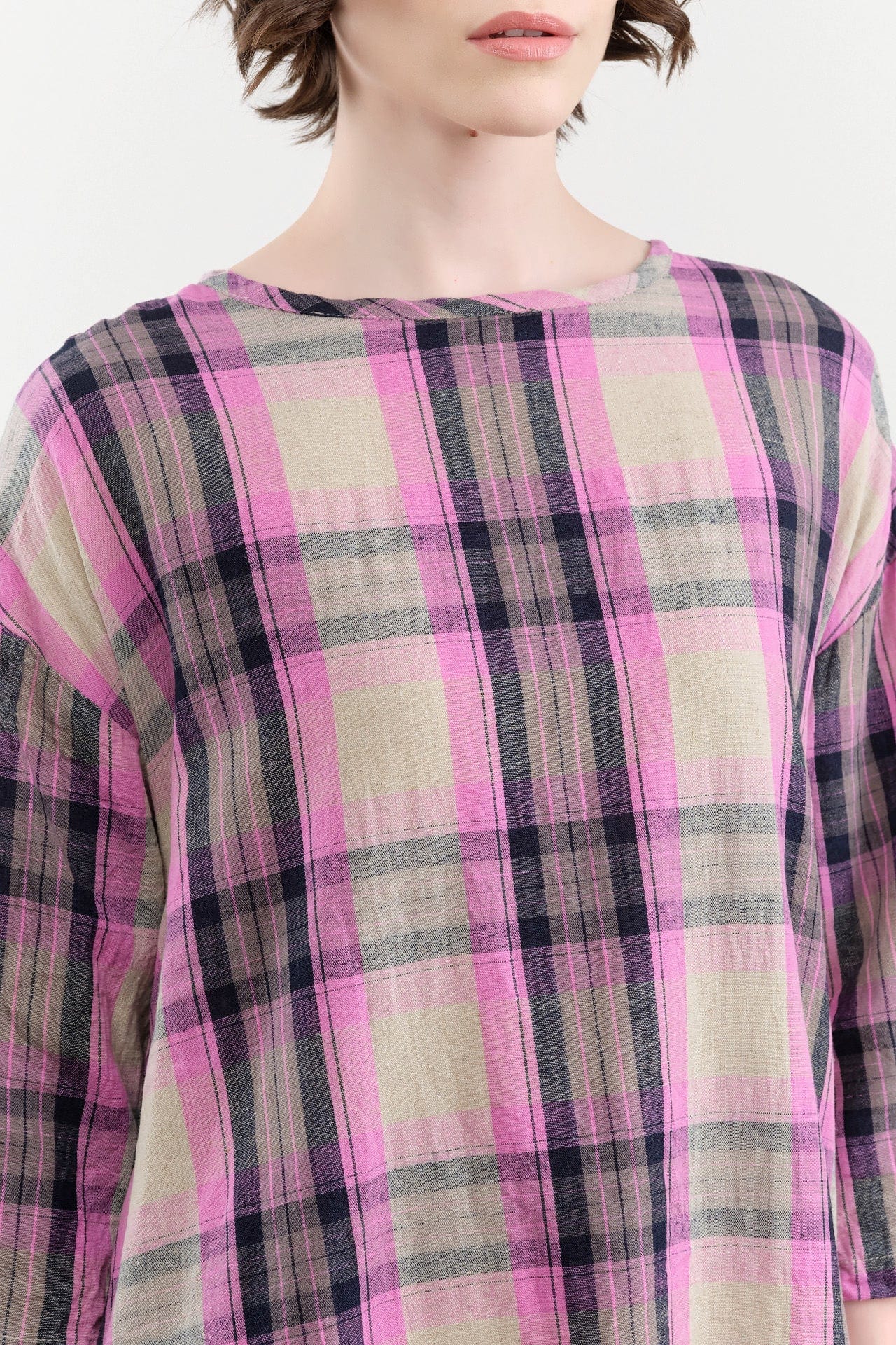 Ichi Antiquities Apparel Womens Dresses Linen Cotton Tartan Dress Pink / One Size
