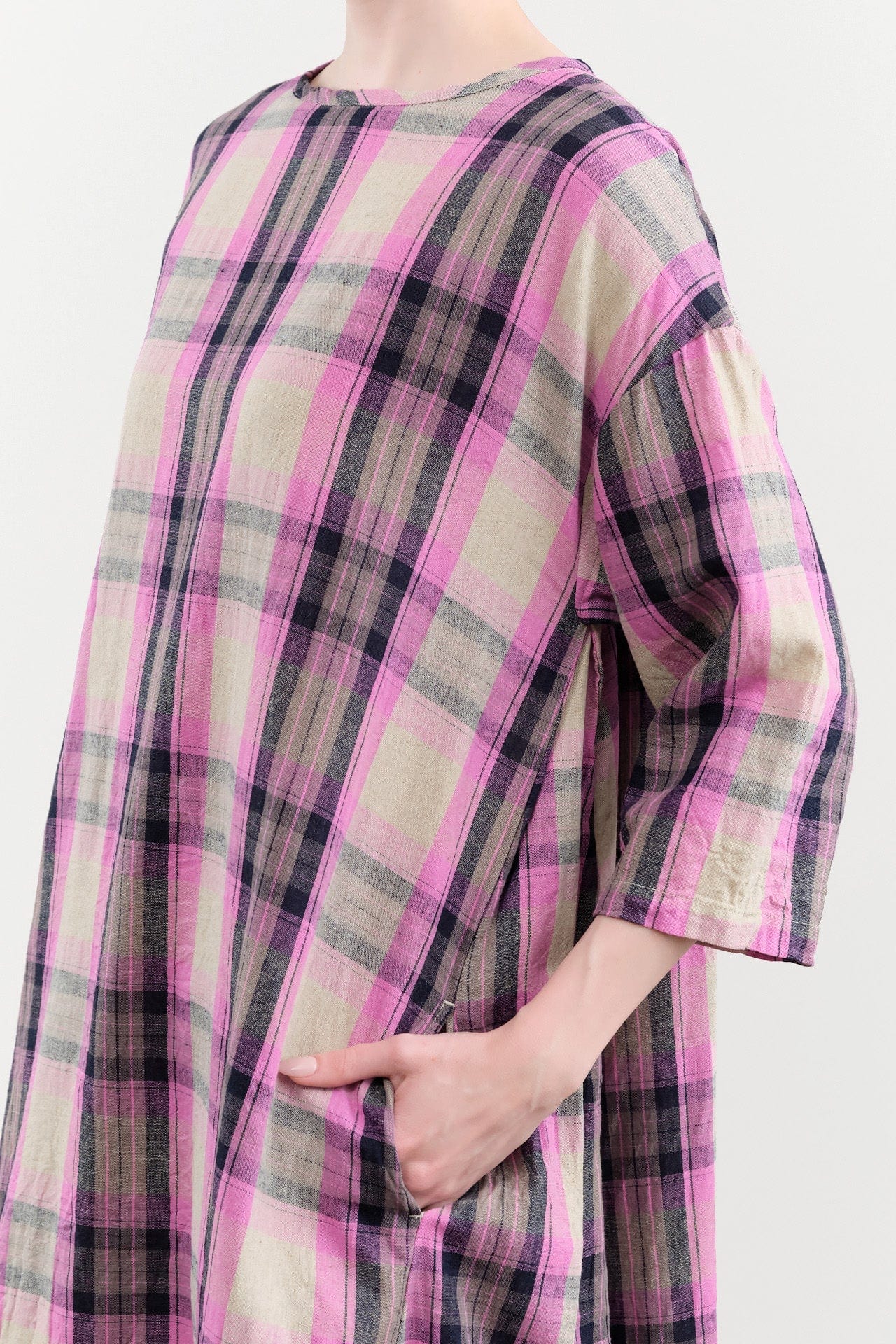 Ichi Antiquities Apparel Womens Dresses Linen Cotton Tartan Dress Pink / One Size