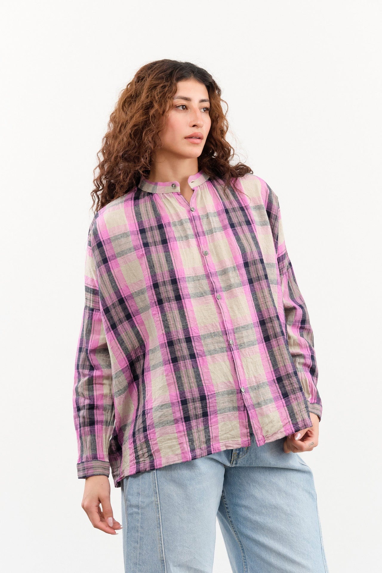 Ichi Antiquities Apparel Womens Blouses Linen Cotton Tartan Shirt Pink / One Size