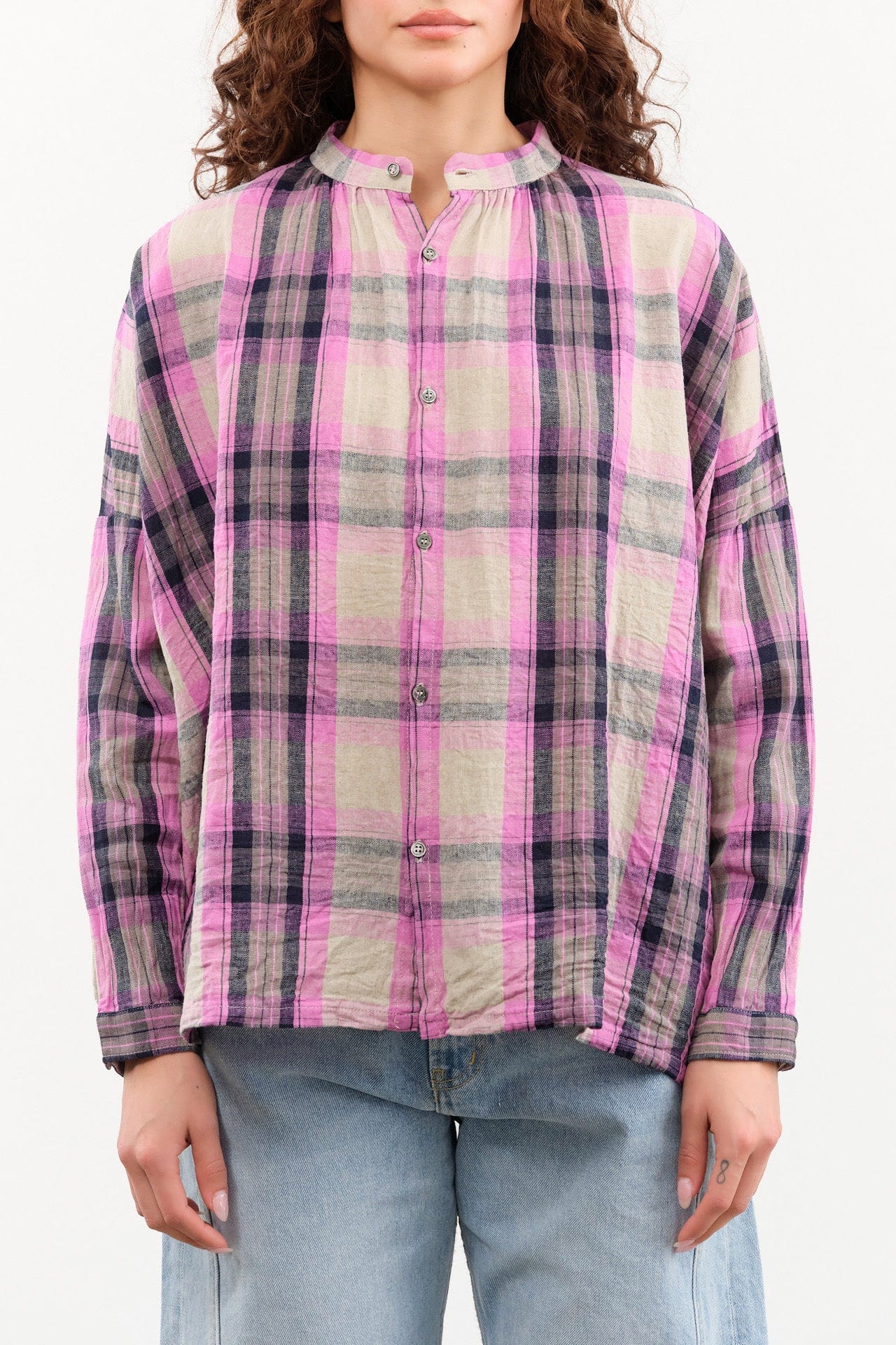 Ichi Antiquities Apparel Womens Blouses Linen Cotton Tartan Shirt Pink / One Size