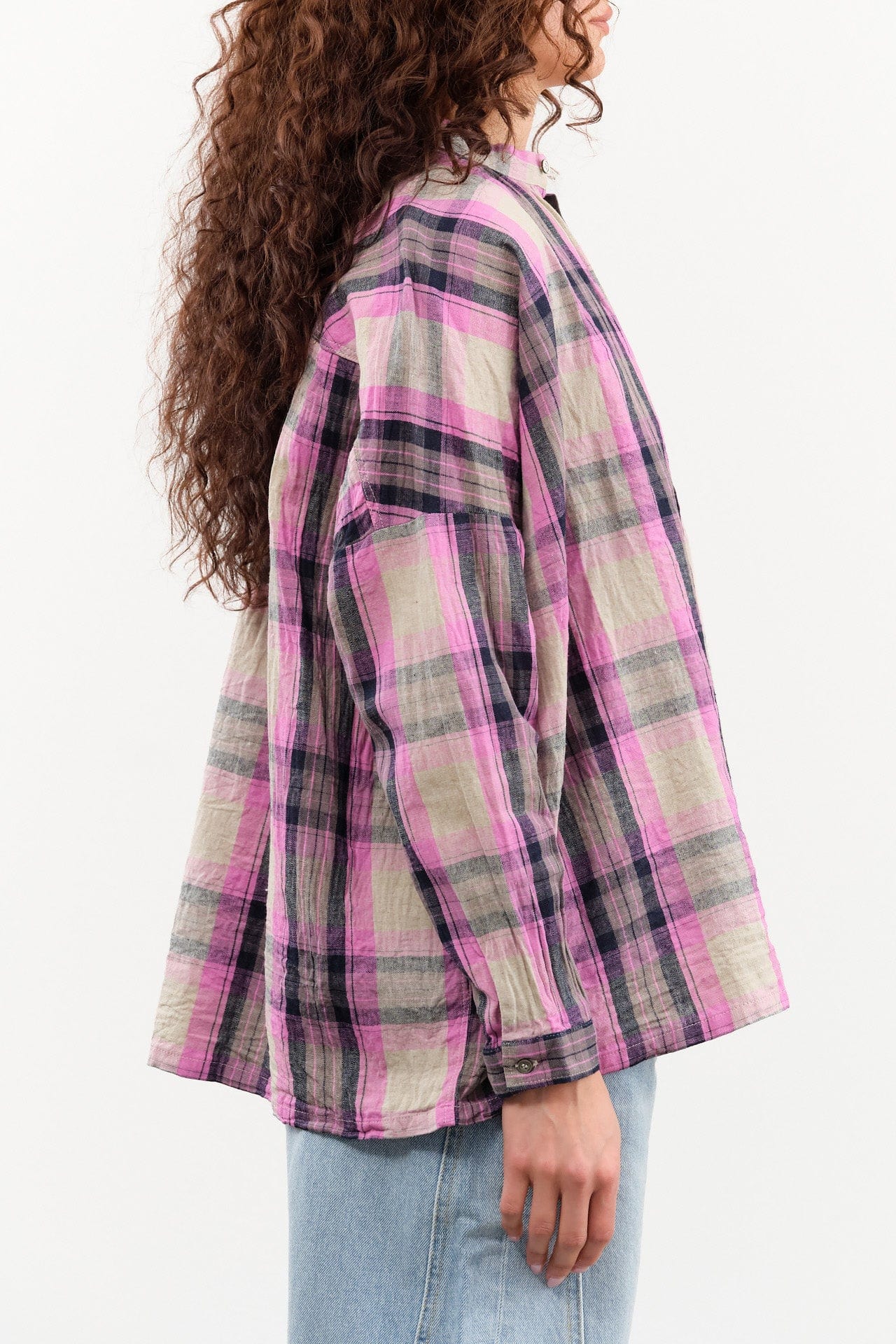 Ichi Antiquities Apparel Womens Blouses Linen Cotton Tartan Shirt Pink / One Size