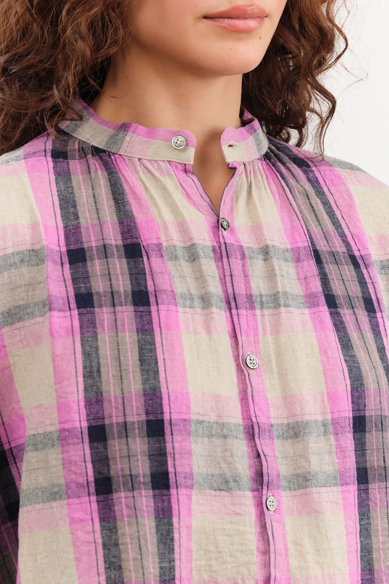 Ichi Antiquities Apparel Womens Blouses Linen Cotton Tartan Shirt Pink / One Size