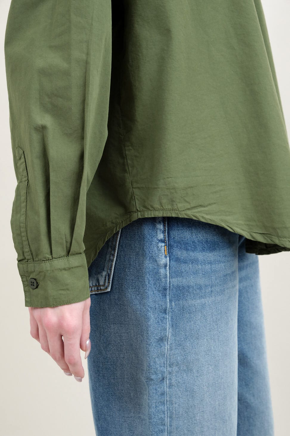 Sleeve and hemline on Alberta Shirt in Olive