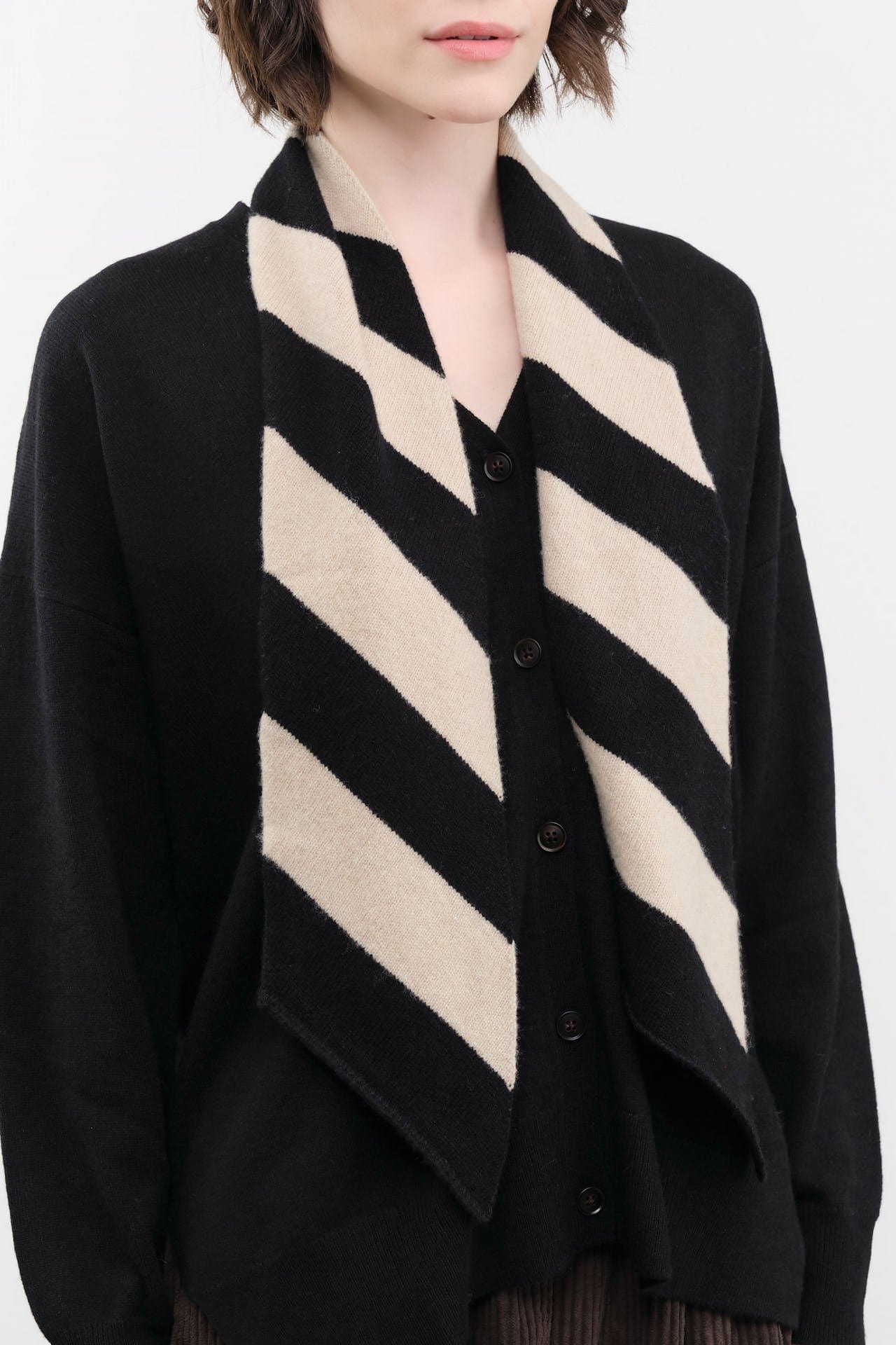 Jo Gordon Accessories Scarves Small Diagonal Stripe Scarf in Black & Oatmeal Black & Oatmeal / One Size
