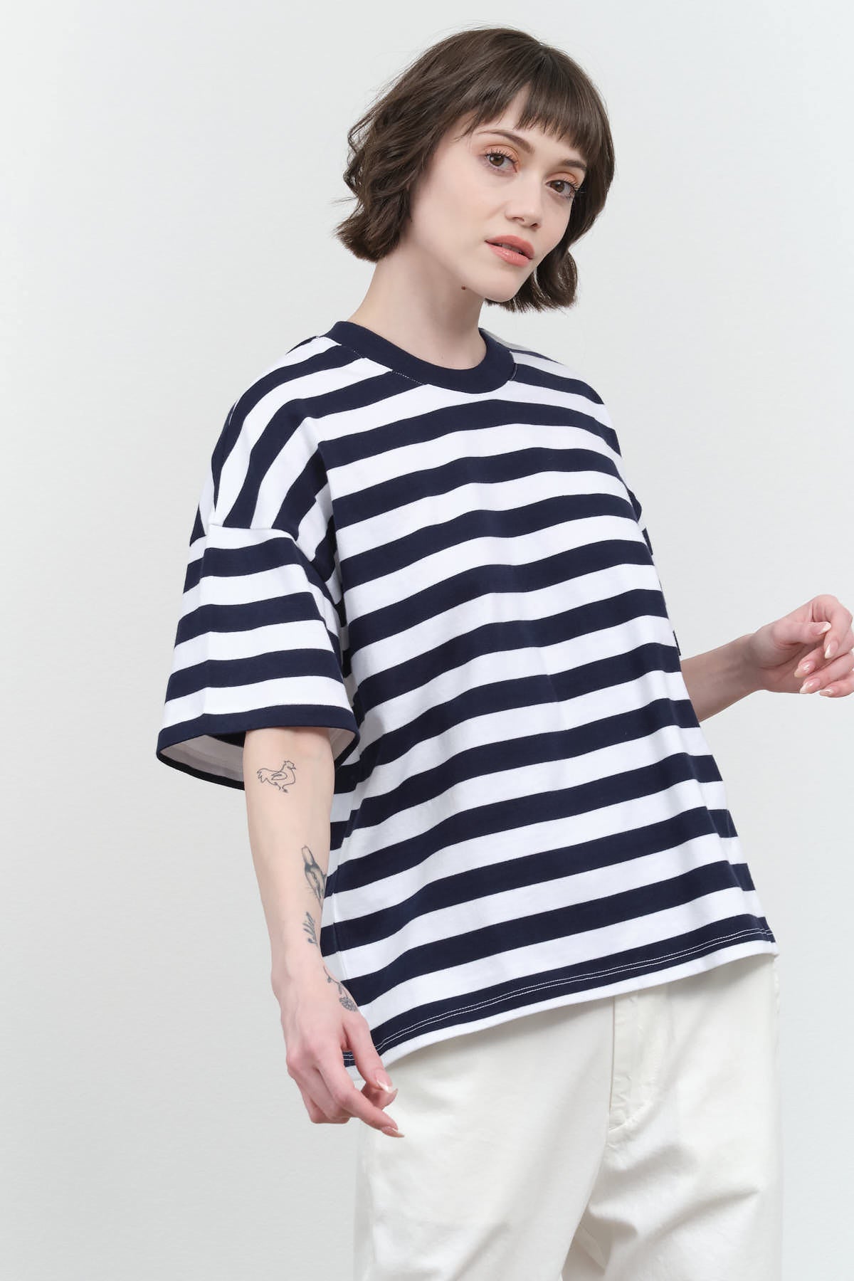 Styled view of Oversized Boxy Tee in Navy Stripe