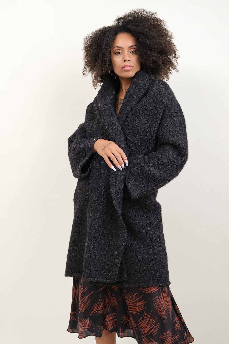 Capote Coat in Black Melange