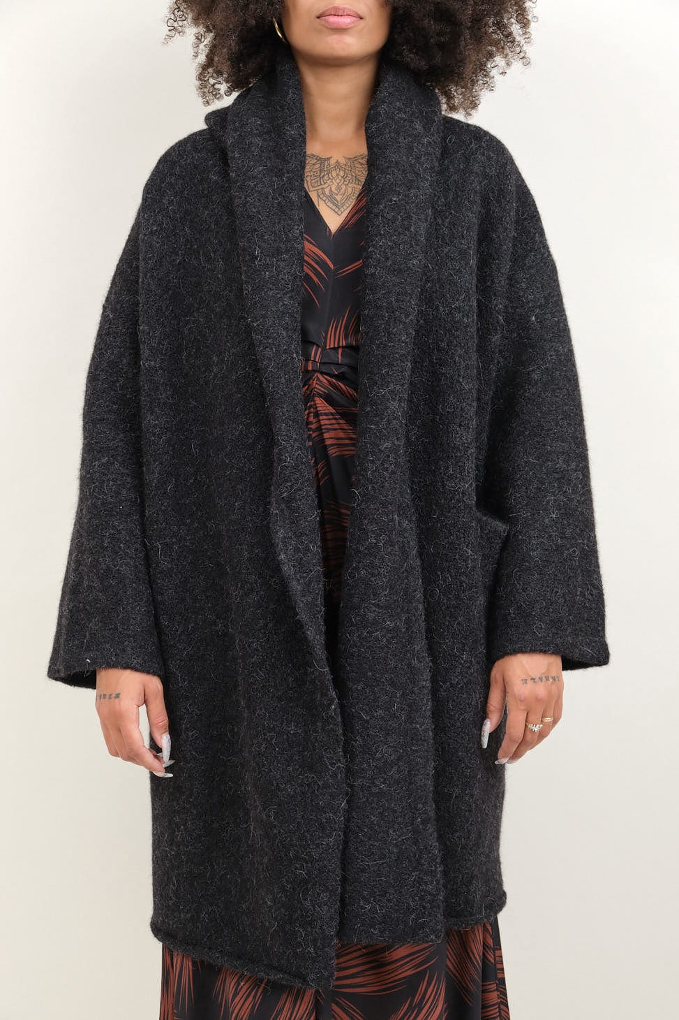 Front of Capote Coat in Black Melange