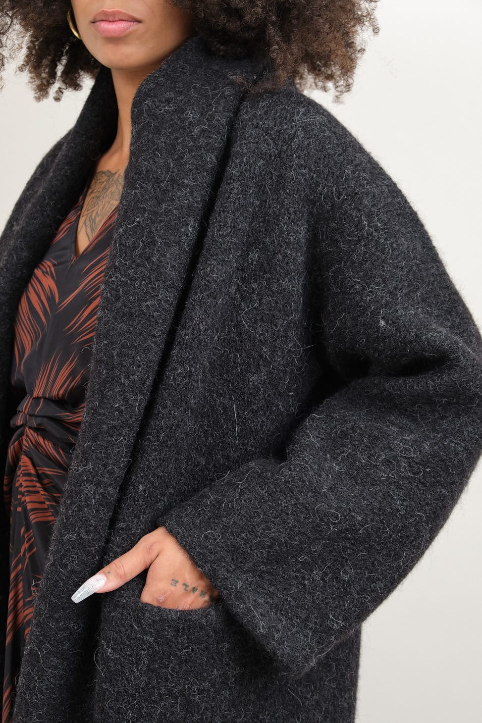 Pocket on Capote Coat in Black Melange