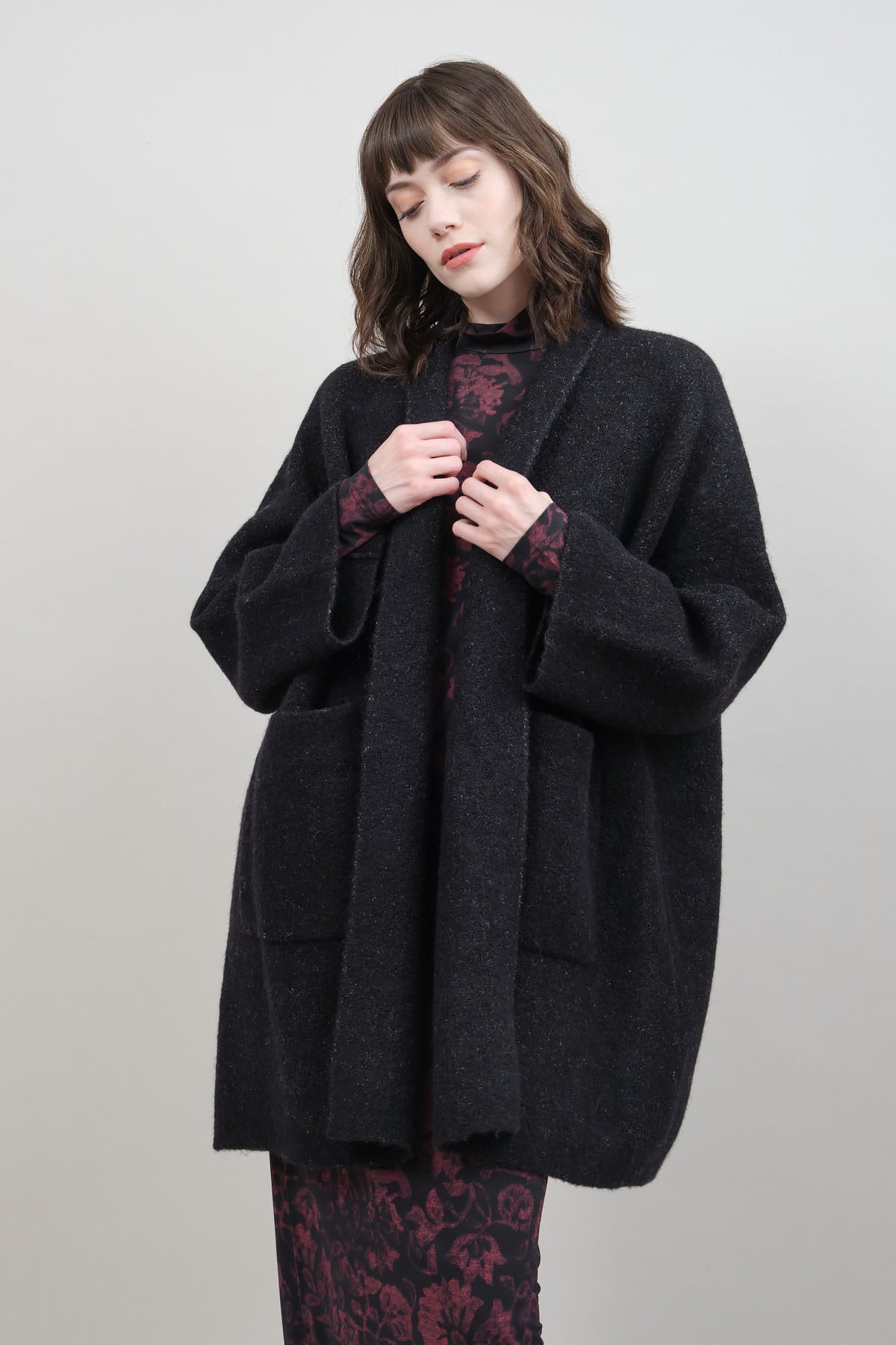 Double Face Wide Coat in Black Melange