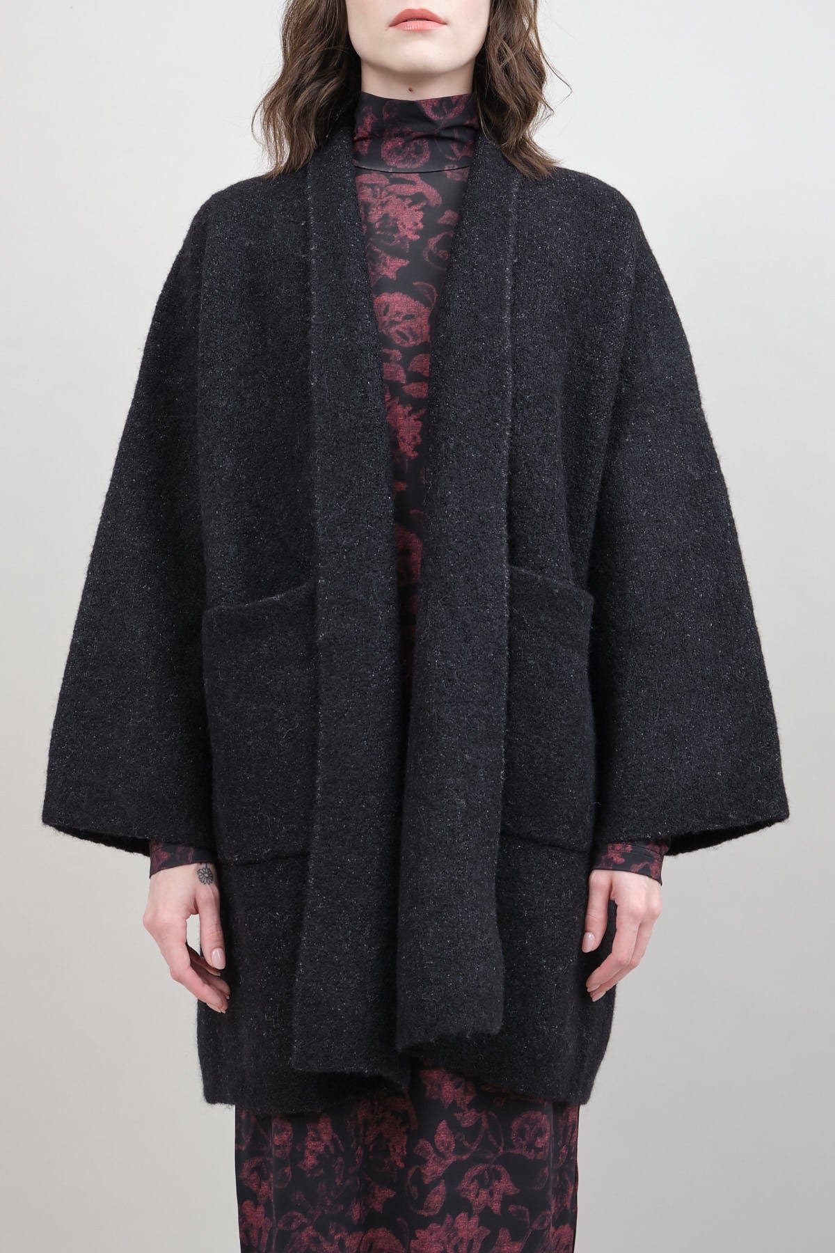 Front of Double Face Wide Coat in Black Melange