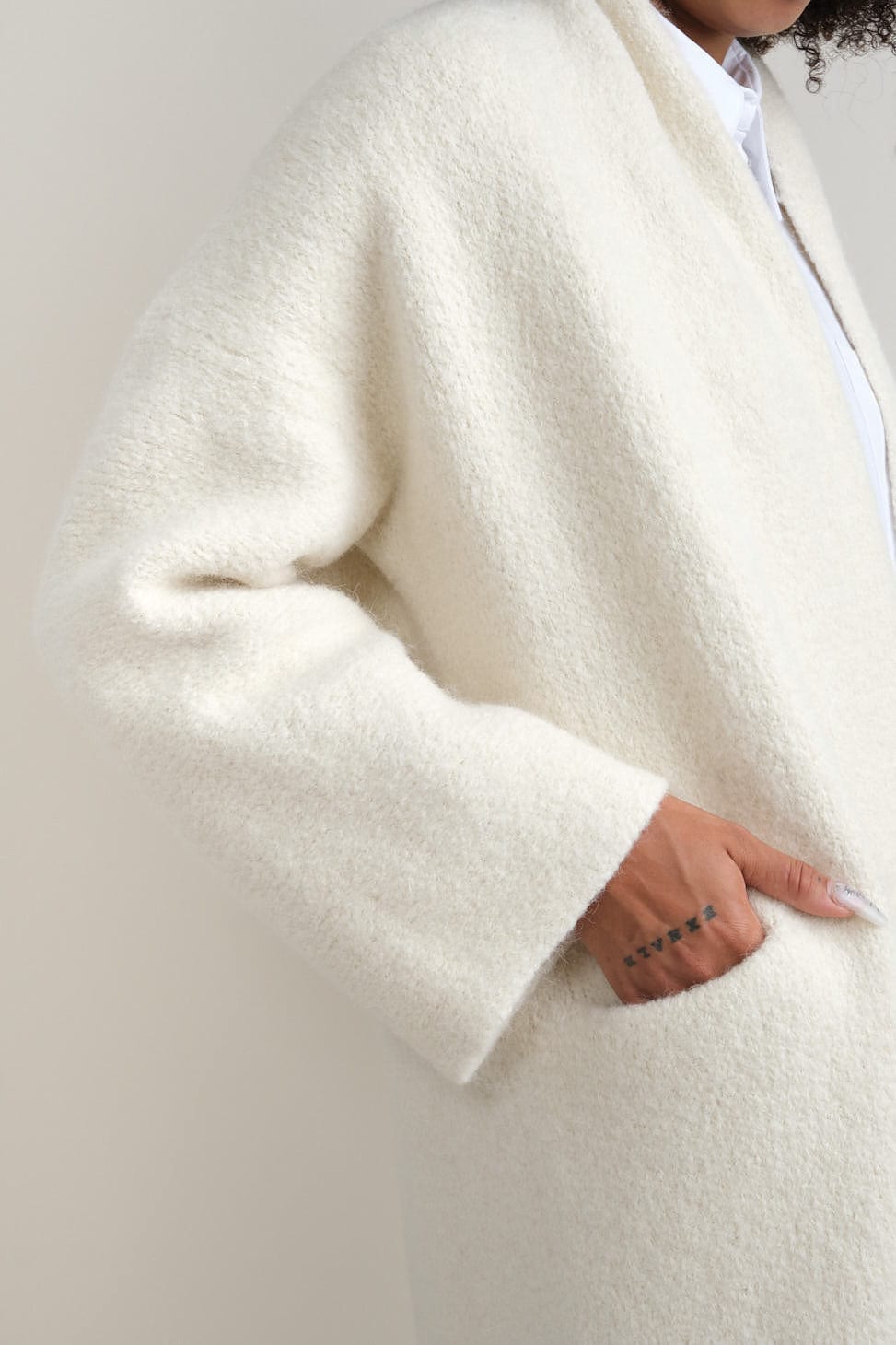 Pocket on Long Shawl Cardigan in Raw White
