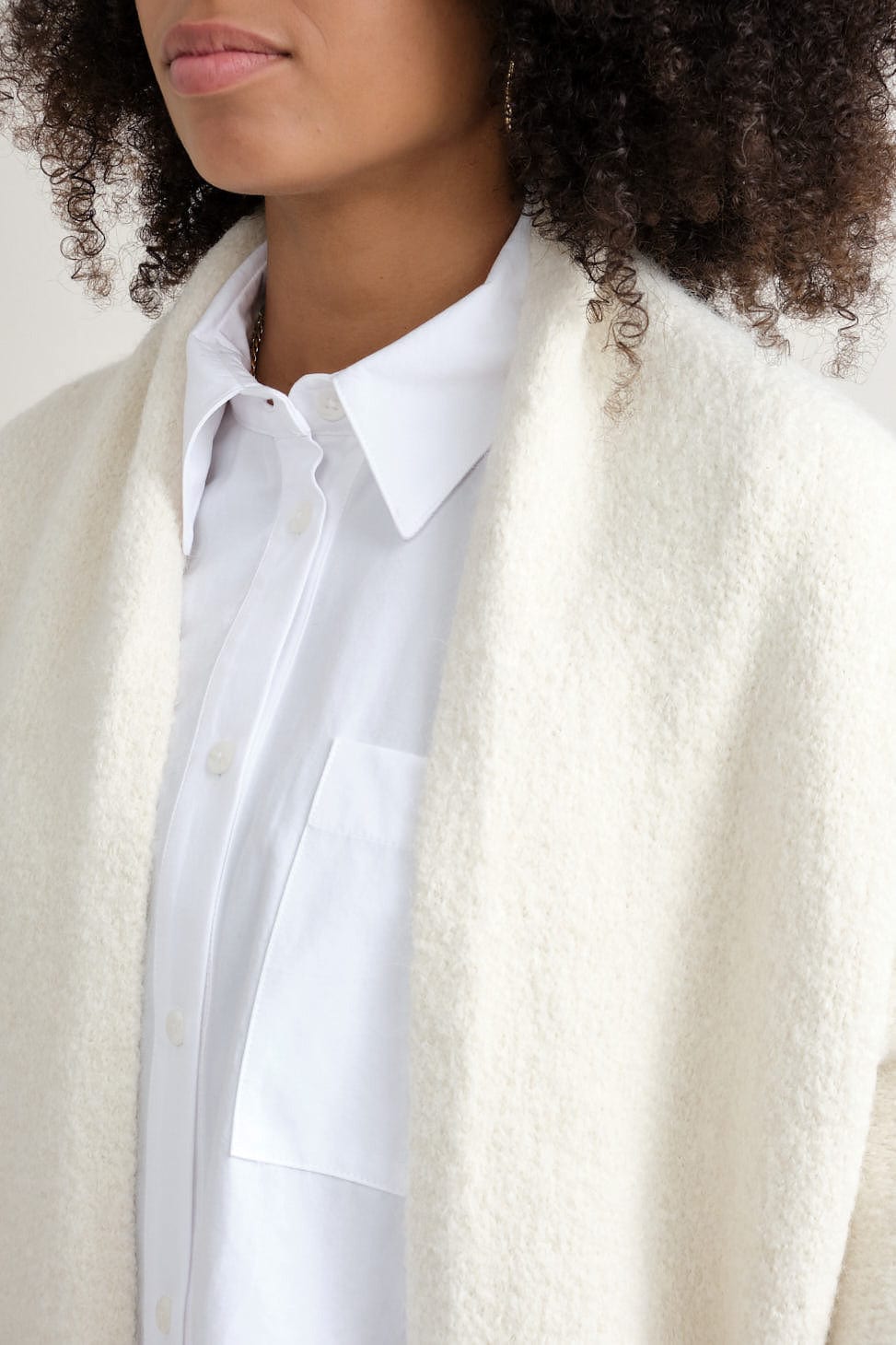 Front detailing on Long Shawl Cardigan in Raw White