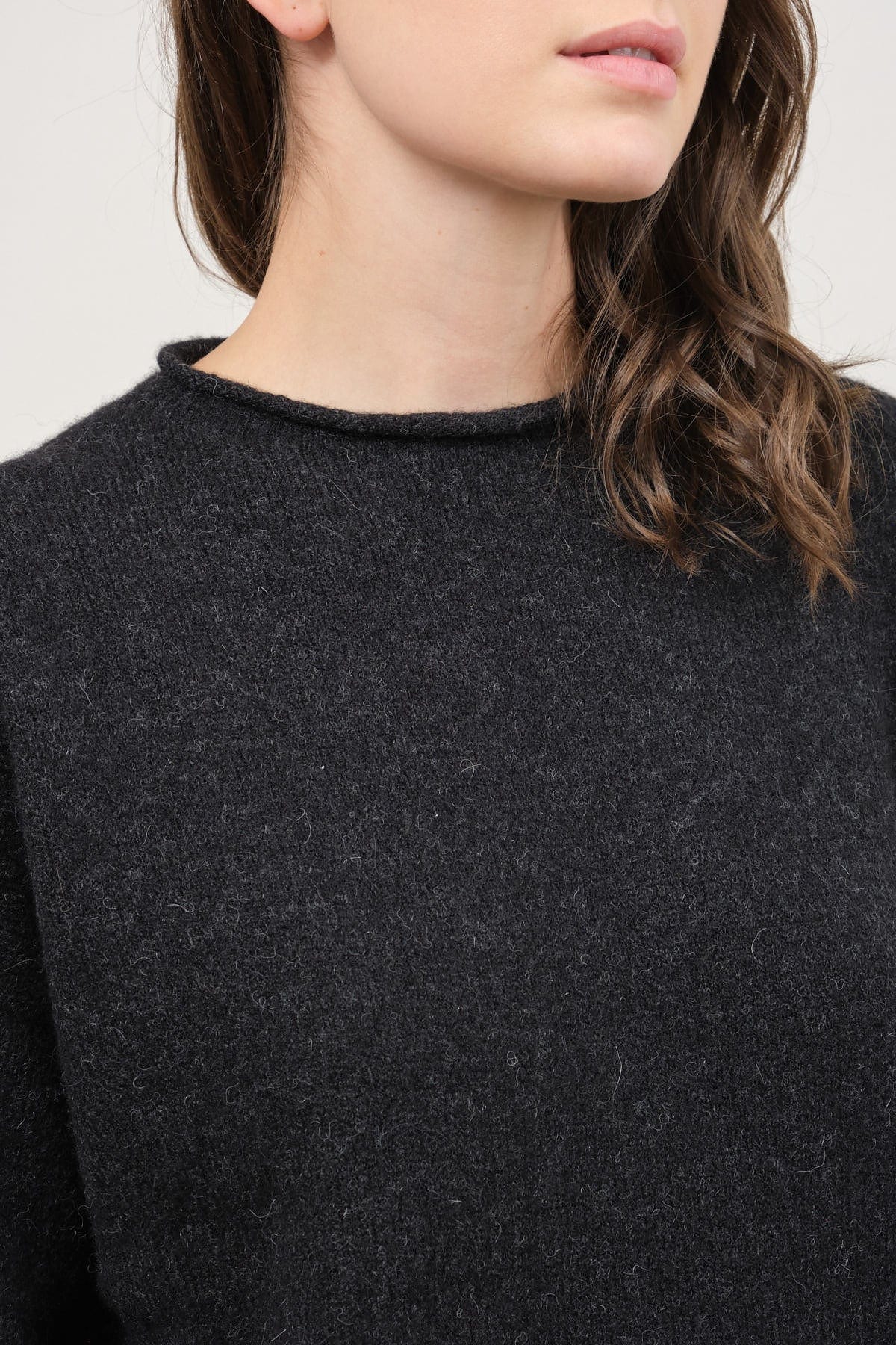 Neckline on Soft Crewneck in Black Melange