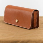 Light Brown Leather Hanne Accordion Wallet By Lindquist with Brass Clasp and White Stitching