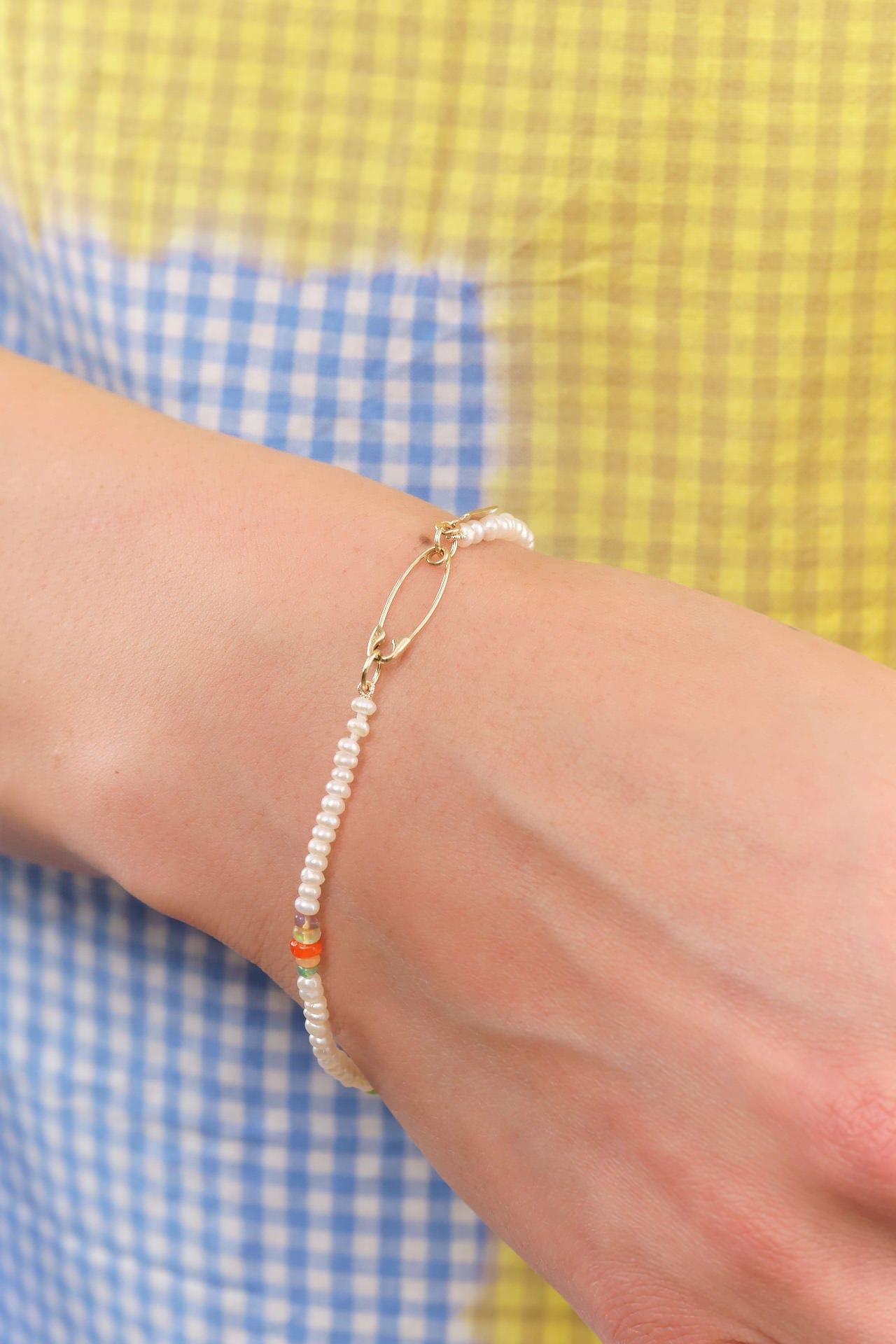 Loren Stewart Jewelry Bracelets Seed Pearl & Opal Safety Pin Bracelet 14K Yellow Gold / 7" Chain