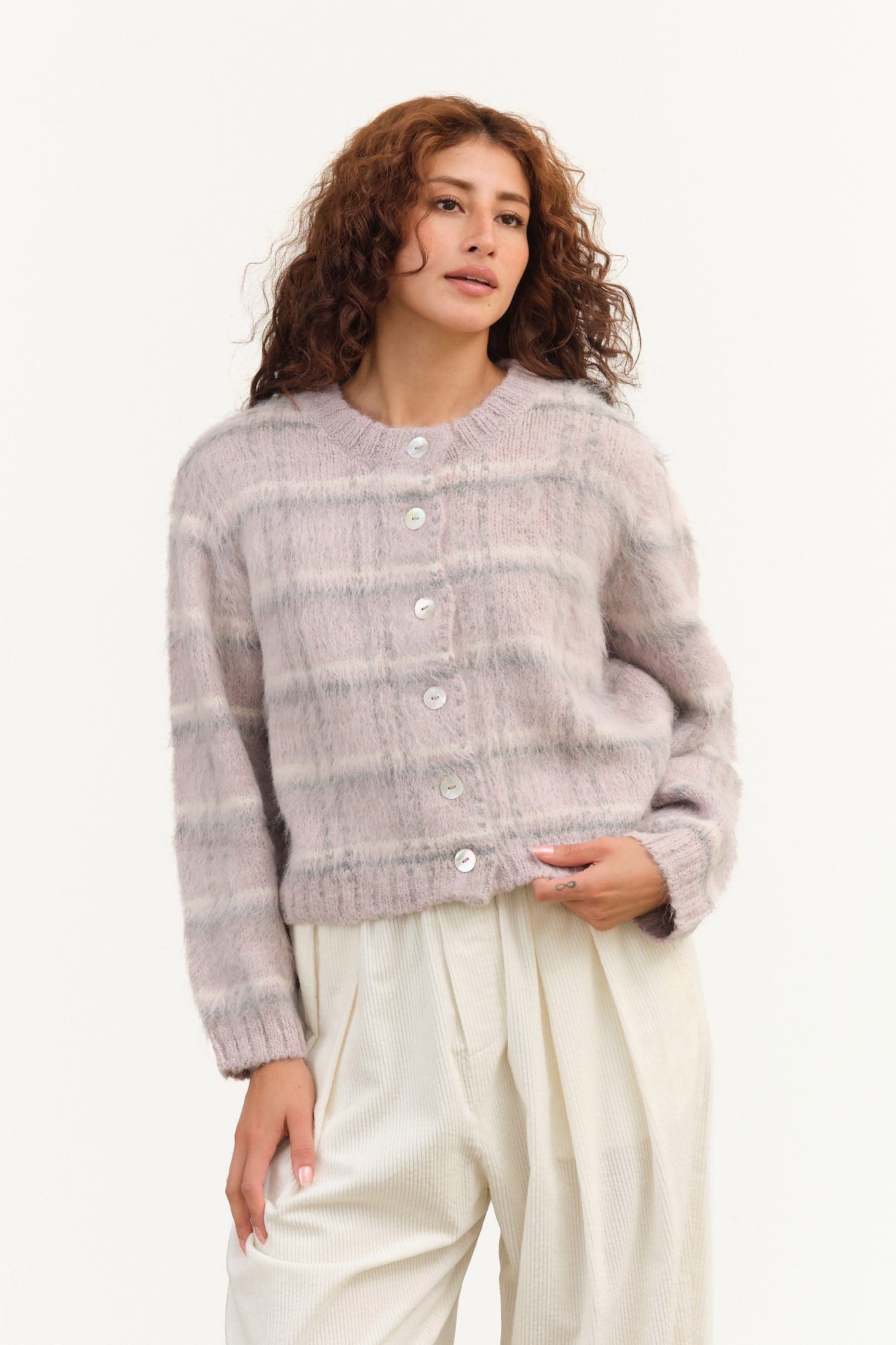 Maria Stanley Apparel Womens Sweaters Cardi Sweater Radish Plaid / XSmall
