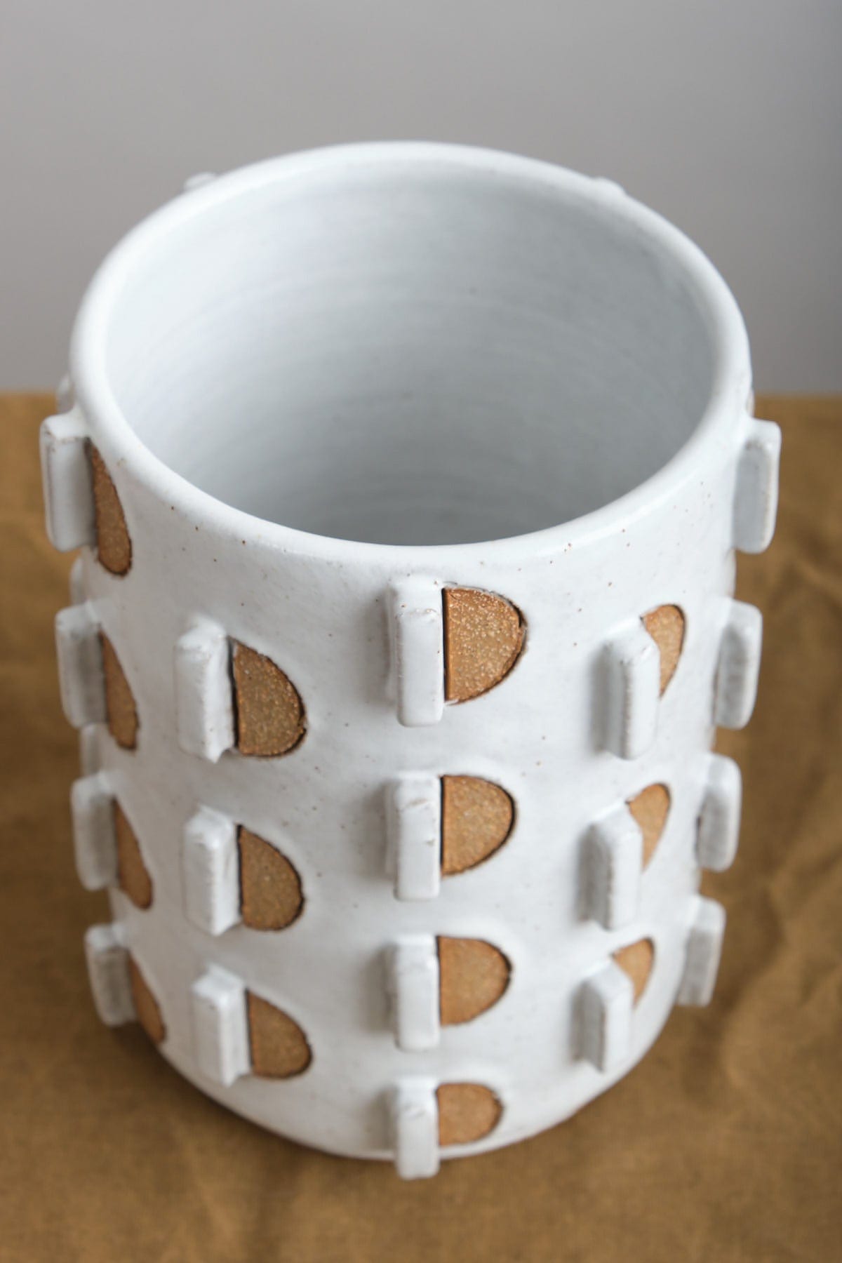 White Ceramic Cholla Cactus Vase with relief cutouts