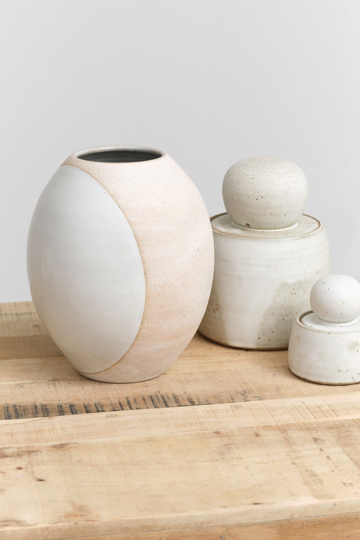 MQuan Art Ceramics Round Vessel in Full Moon White Stoneware / 9" Dia X 9.25" H