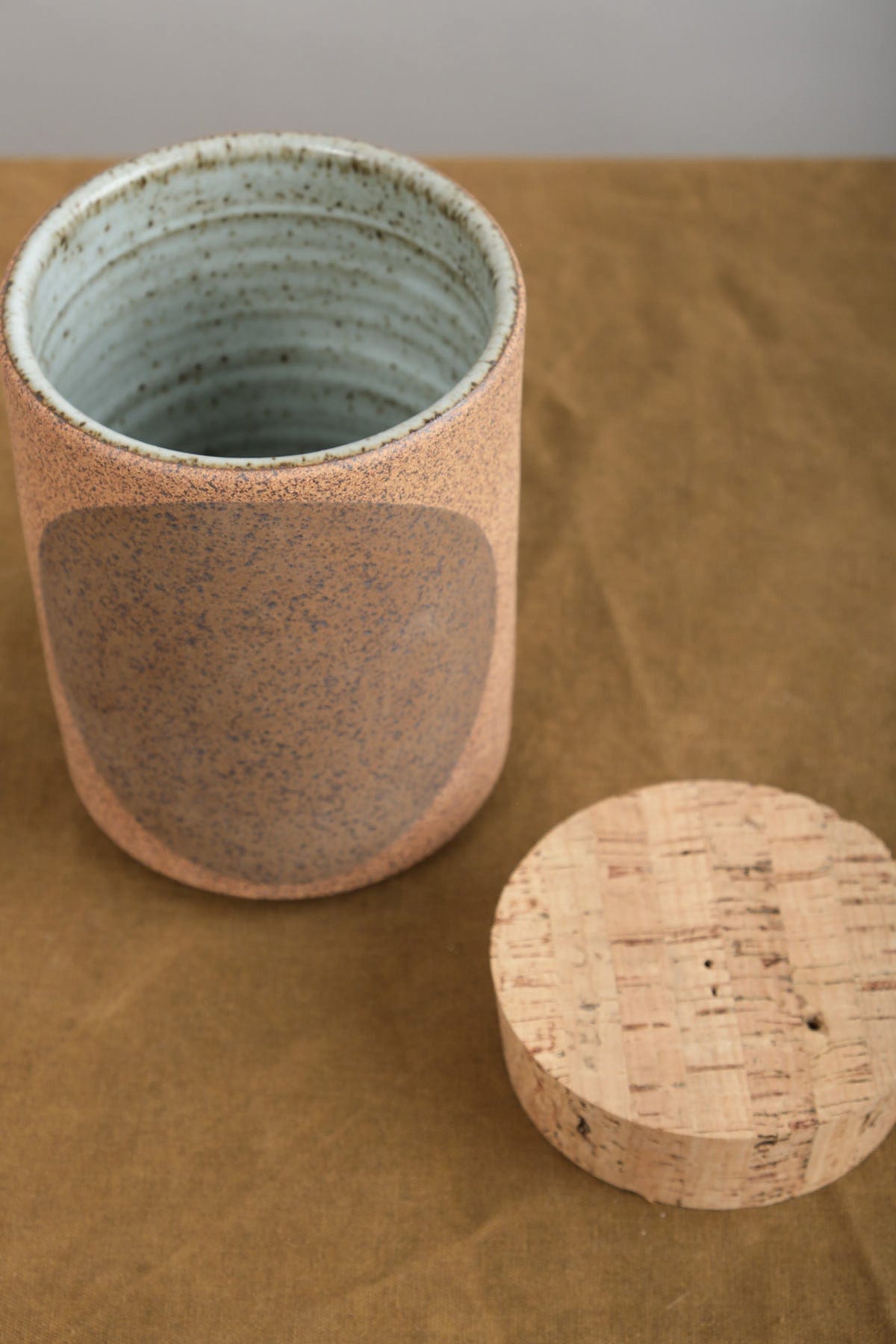 White glazed interior Small Canister with Cork Lid
