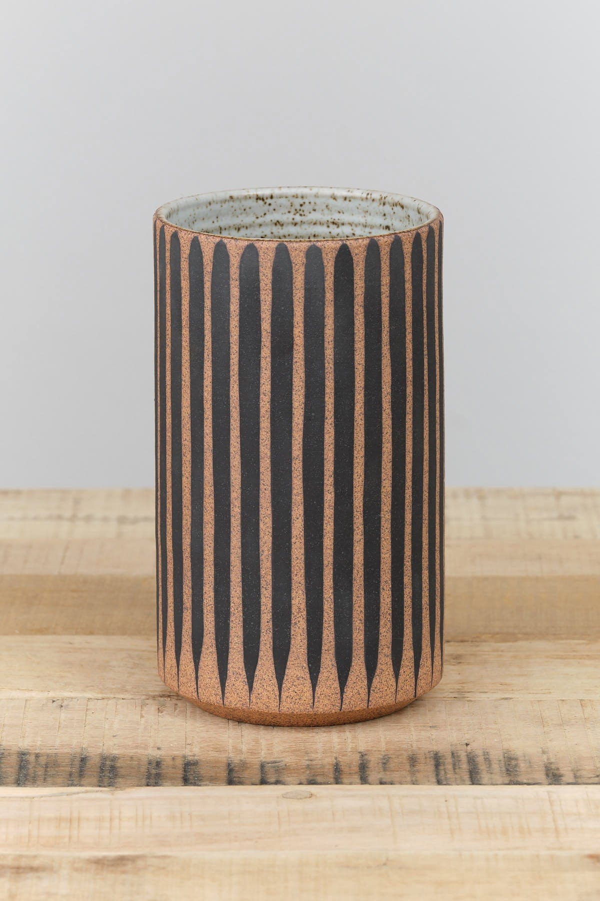 MQuan Art Ceramics Small Tall Vessel in Black Stripes Tucker Stripes Black