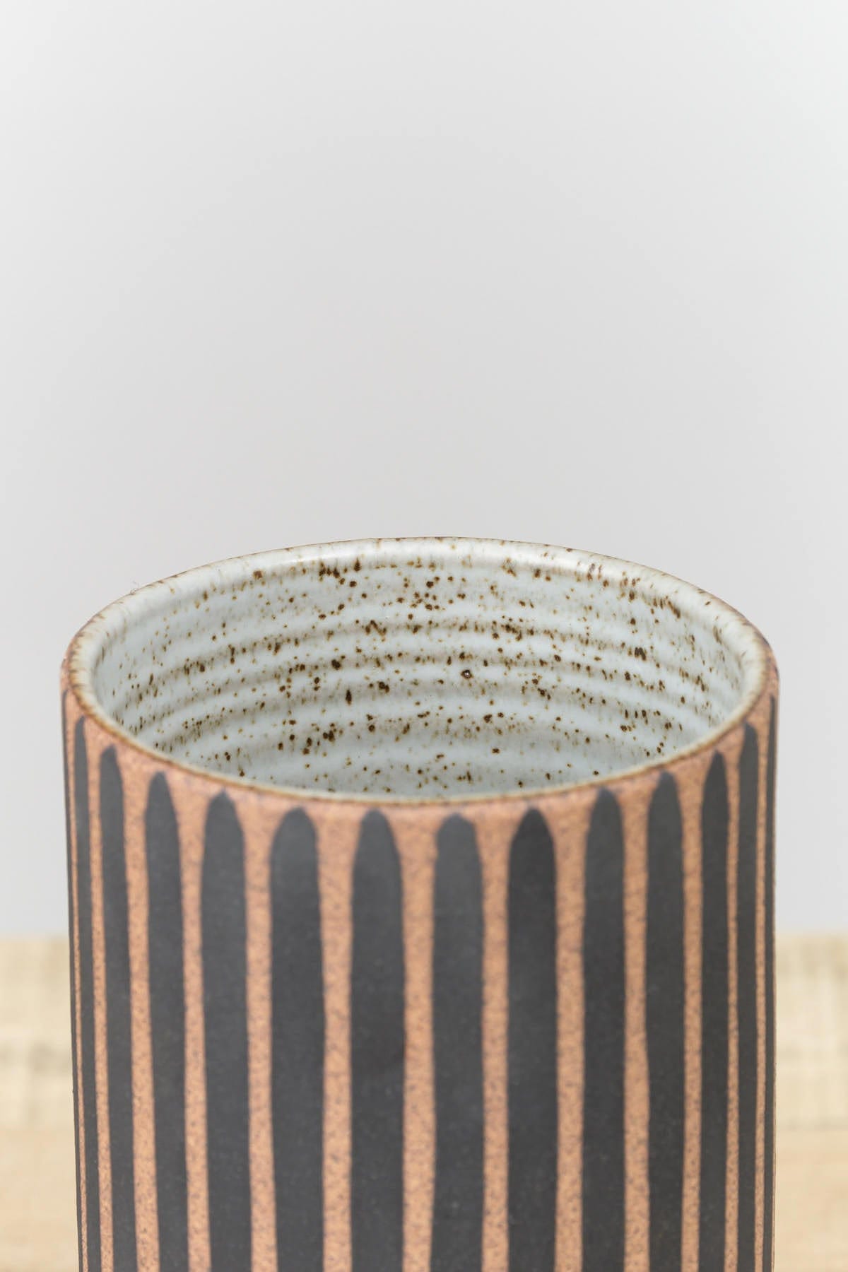 MQuan Art Ceramics Small Tall Vessel in Black Stripes Tucker Stripes Black