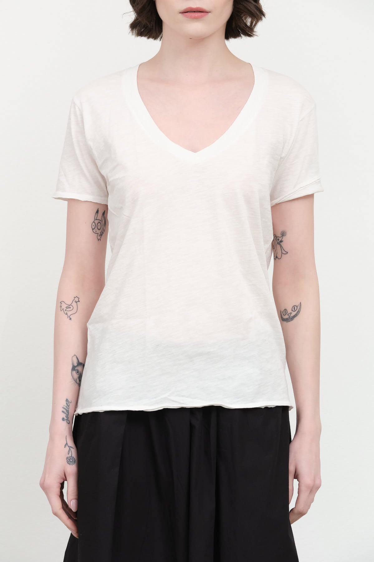 Front view of Cora V Neck Tee in Soft White