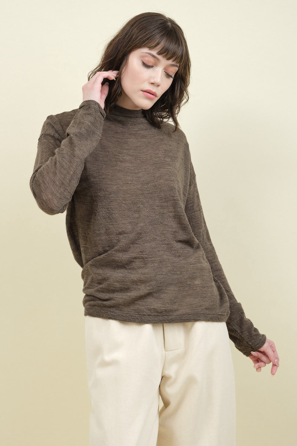 Wool Gauze High Neck Long Sleeve Pullover in Beige