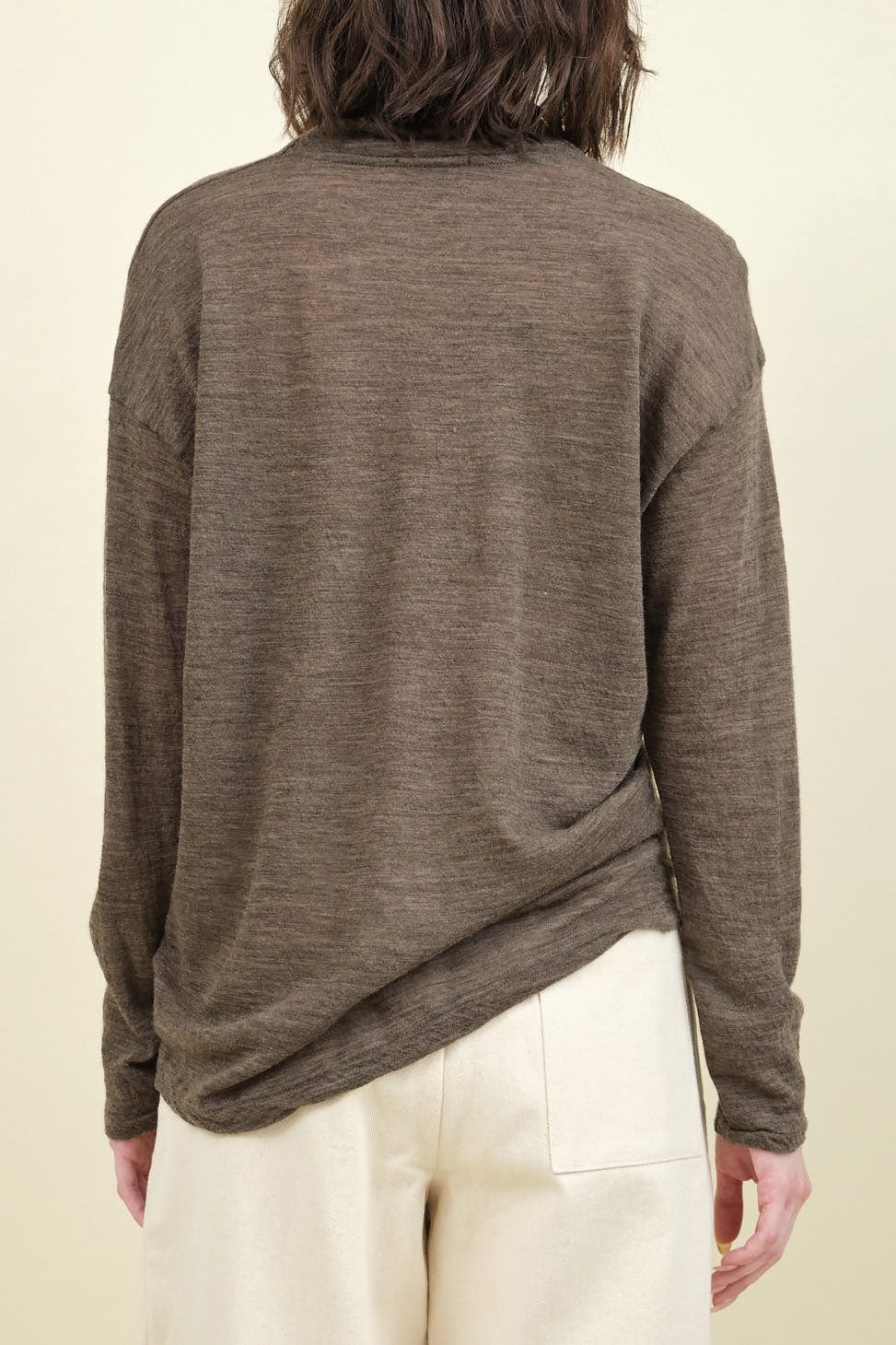 Back of Wool Gauze High Neck Long Sleeve Pullover in Beige