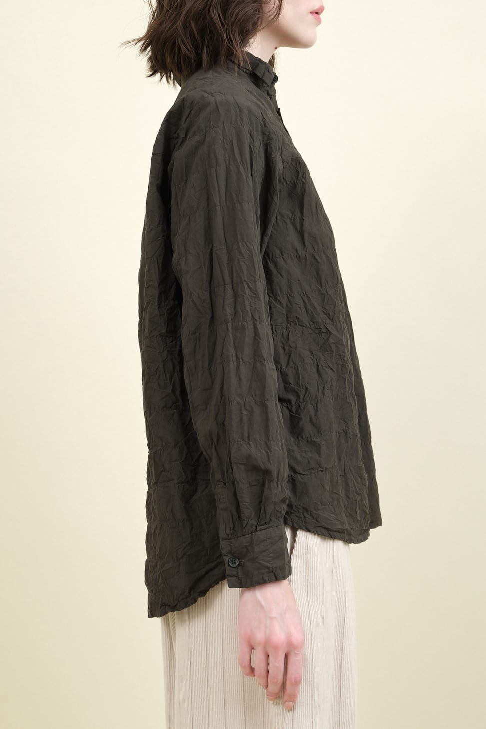 Side of Crinkle Finish Fitted Shirt in Khaki