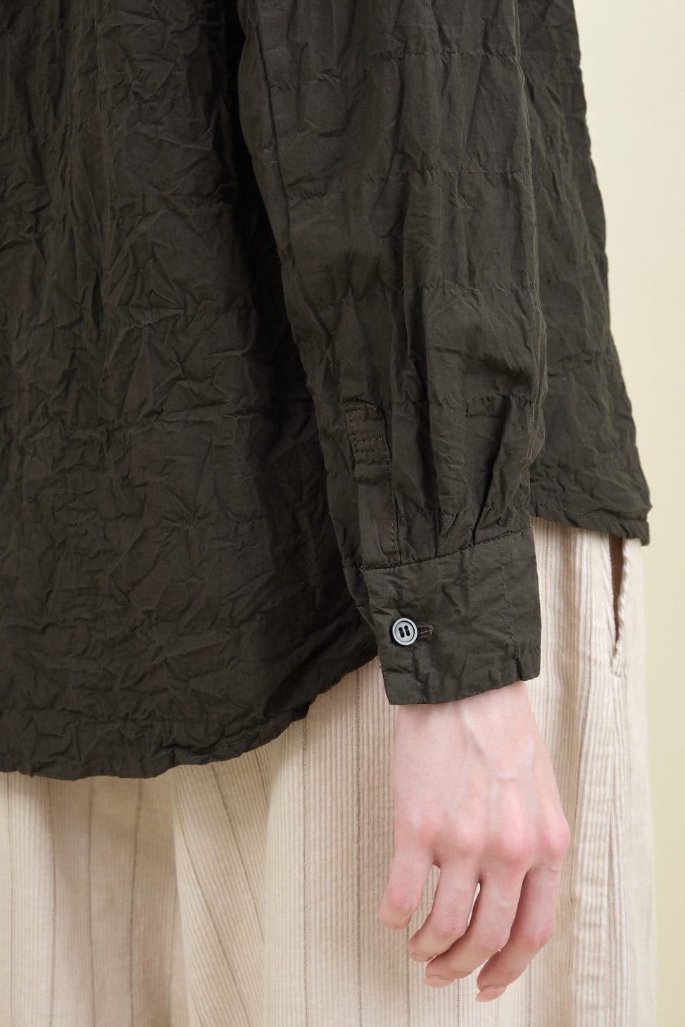 Cuff detailing on Crinkle Finish Fitted Shirt in Khaki