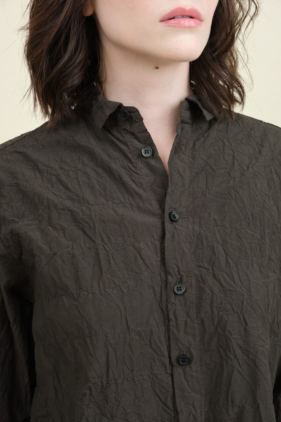Neckline on Crinkle Finish Fitted Shirt in Khaki