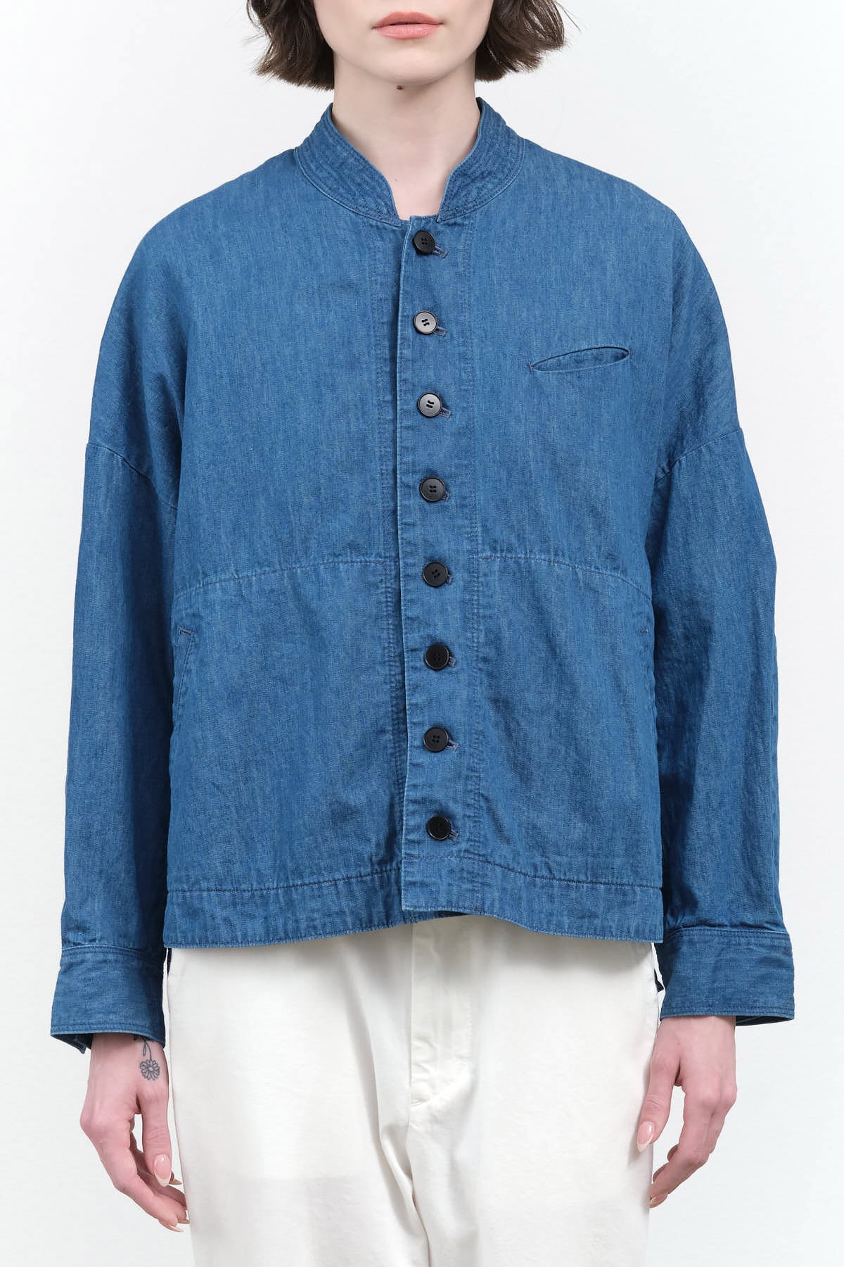 Front buttoned view of Denim Coverall Jacket