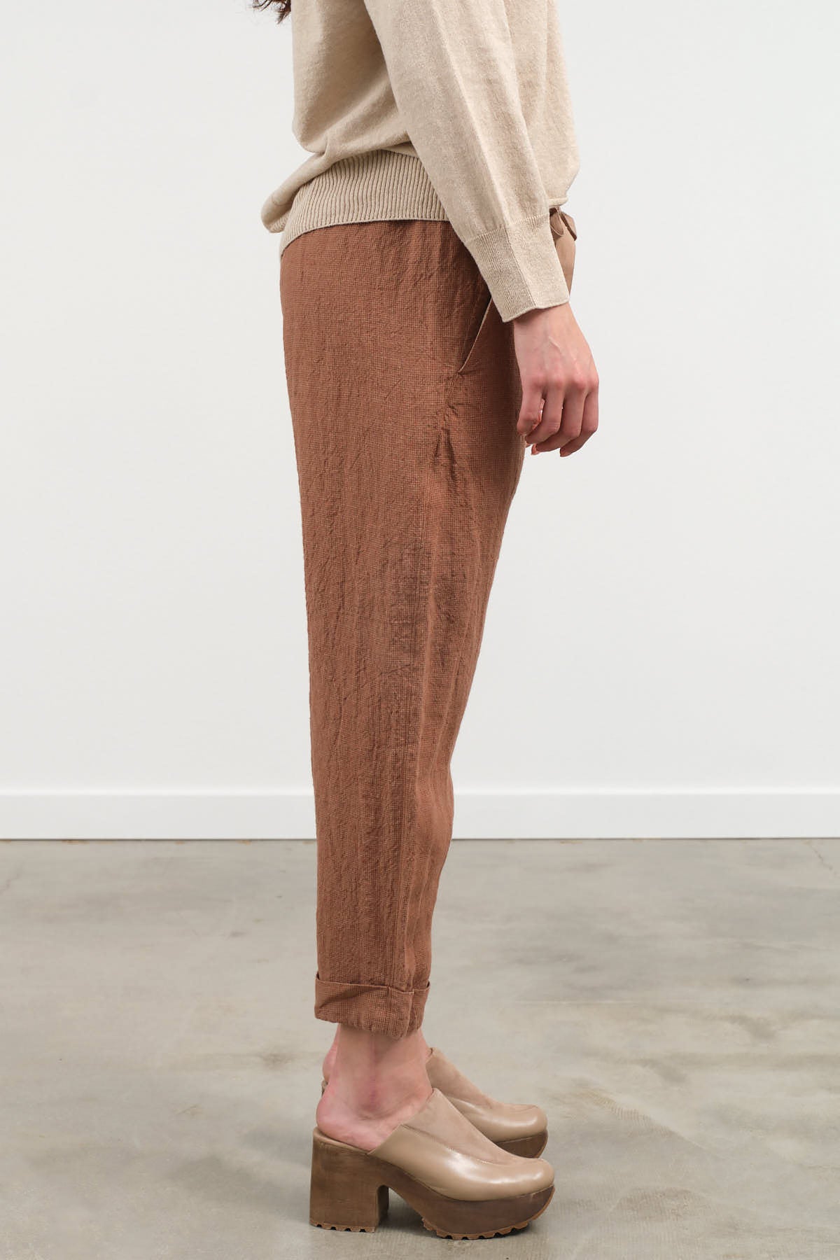 Side view of Houndstooth Cuffed Pants in Brick