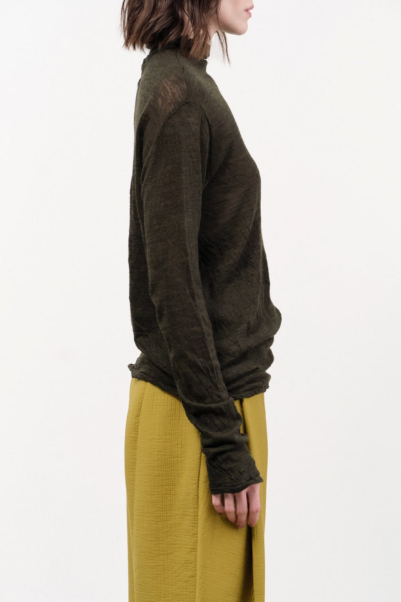 Pas de Calais Apparel Womens Sweaters Wool Gauze Crinkle Turtleneck Jersey Pullover in Khaki