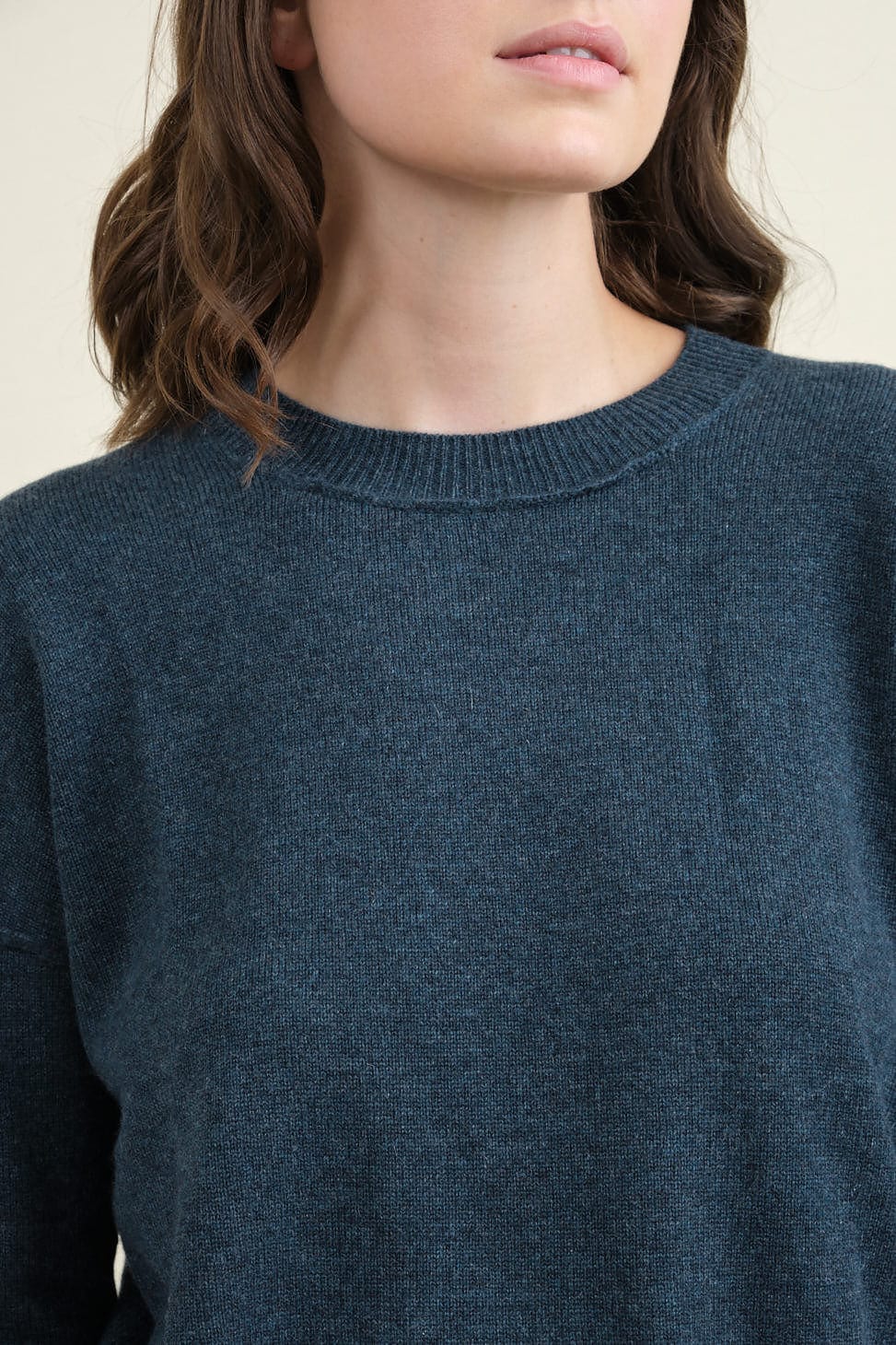 Neckline on Baby Cashmere Crew in Peacock