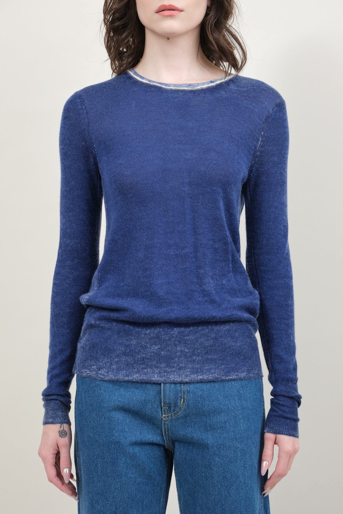 Front of L/S Printed Crew in Navy Sky