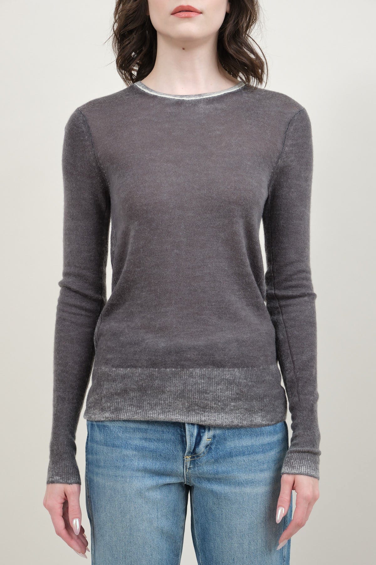 Front of L/S Printed Crew in Grey