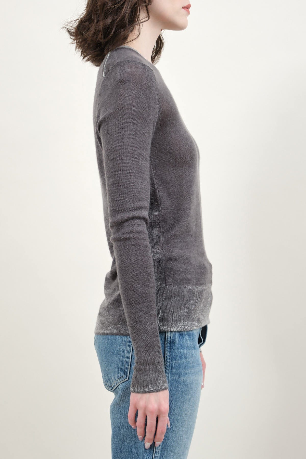 Side of L/S Printed Crew in Grey