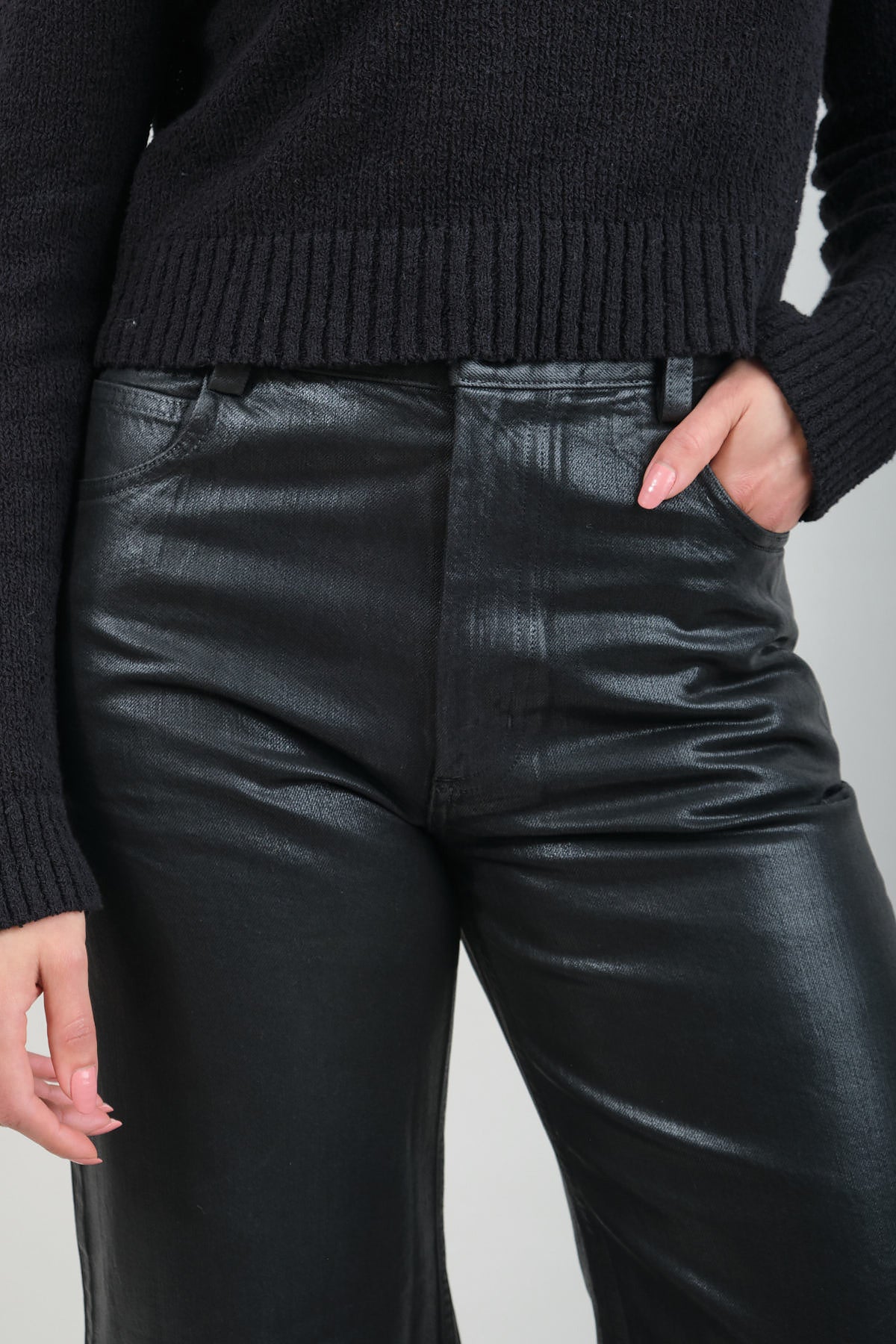 Coated denim Puerto pant in black with zipper fly