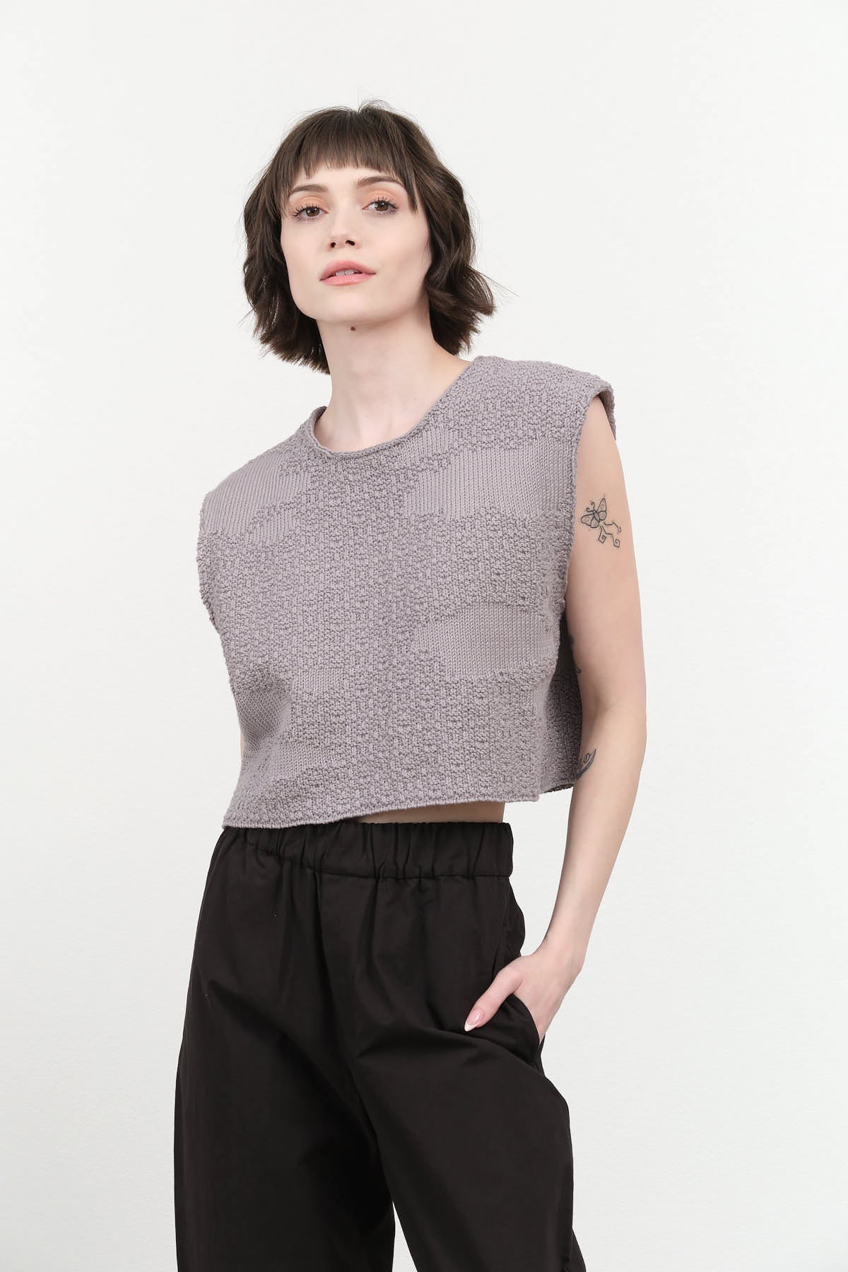 Styled view of Pacer Top in Grey