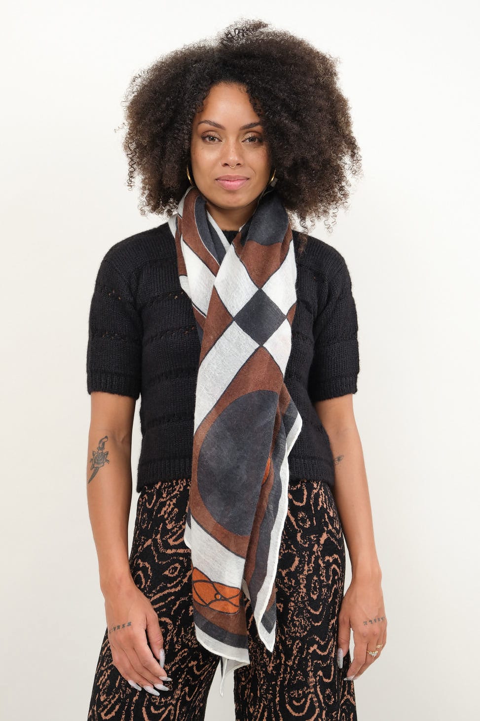 Laurels and Pavings Scarf in Burnt Oranges on the body