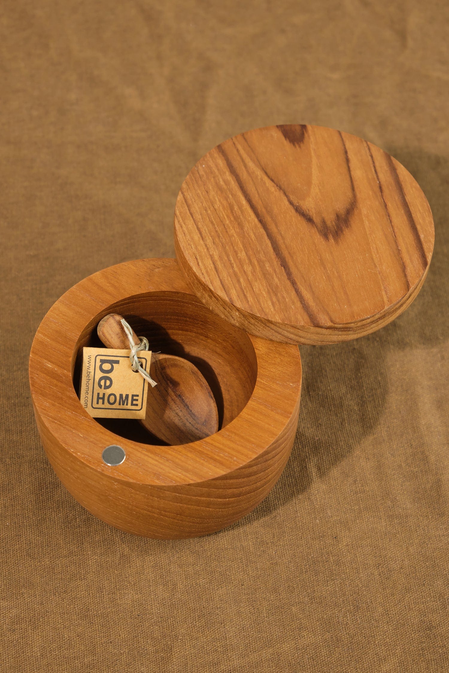 Be Home Home Kitchen Containers Large Teak Cellar with Spoon and Pivoting Lid Teak / 4" Dia X 3" H