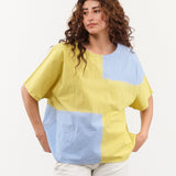 Suzusan Apparel Womens Blouses Cotton Gingham Check Woven T-Shirt in Sun Yellow/Sky Blue