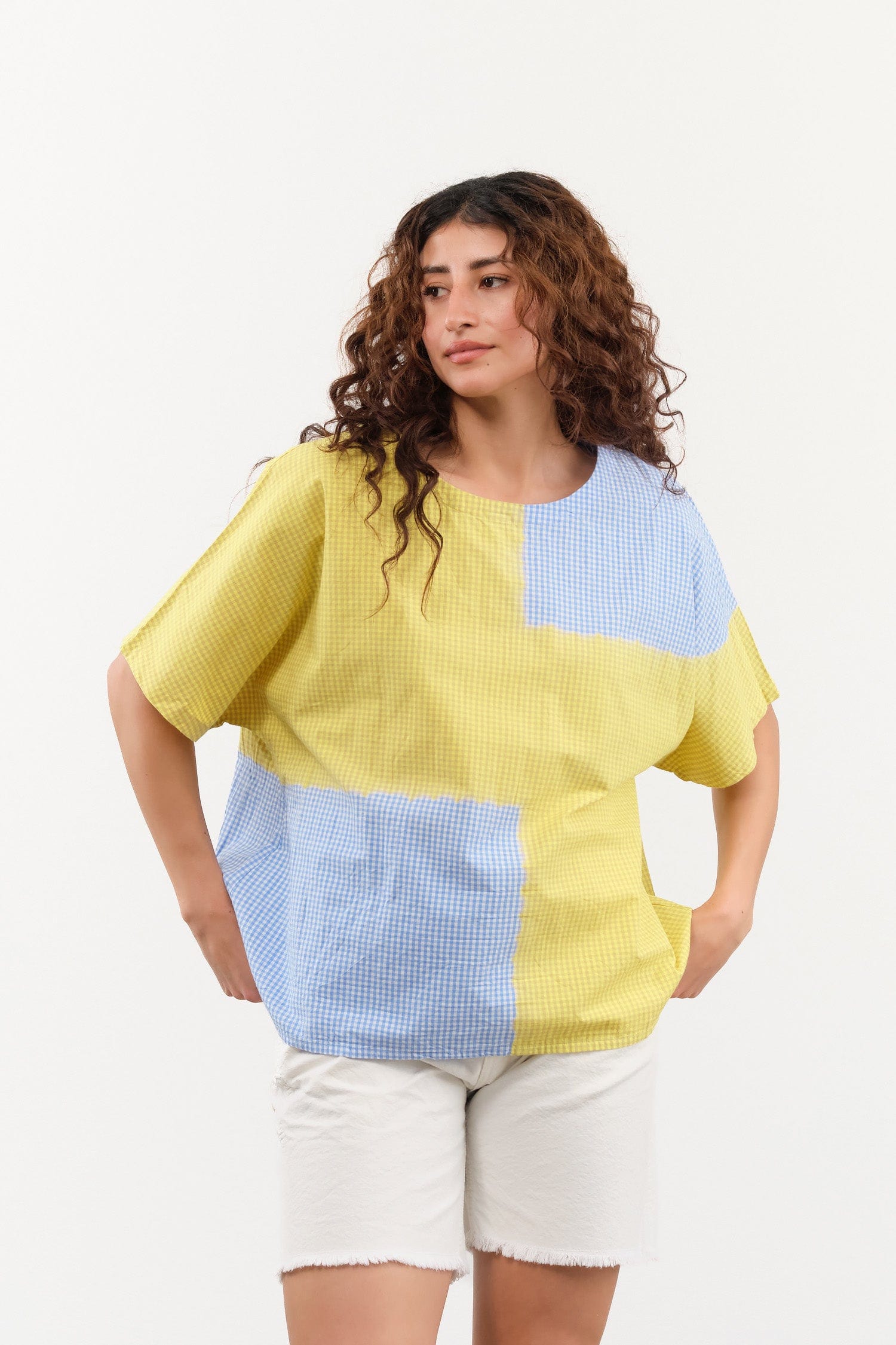 Suzusan Apparel Womens Blouses Cotton Gingham Check Woven T-Shirt in Sun Yellow/Sky Blue