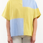 Suzusan Apparel Womens Blouses Cotton Gingham Check Woven T-Shirt in Sun Yellow/Sky Blue