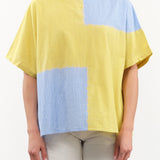 Suzusan Apparel Womens Blouses Cotton Gingham Check Woven T-Shirt in Sun Yellow/Sky Blue